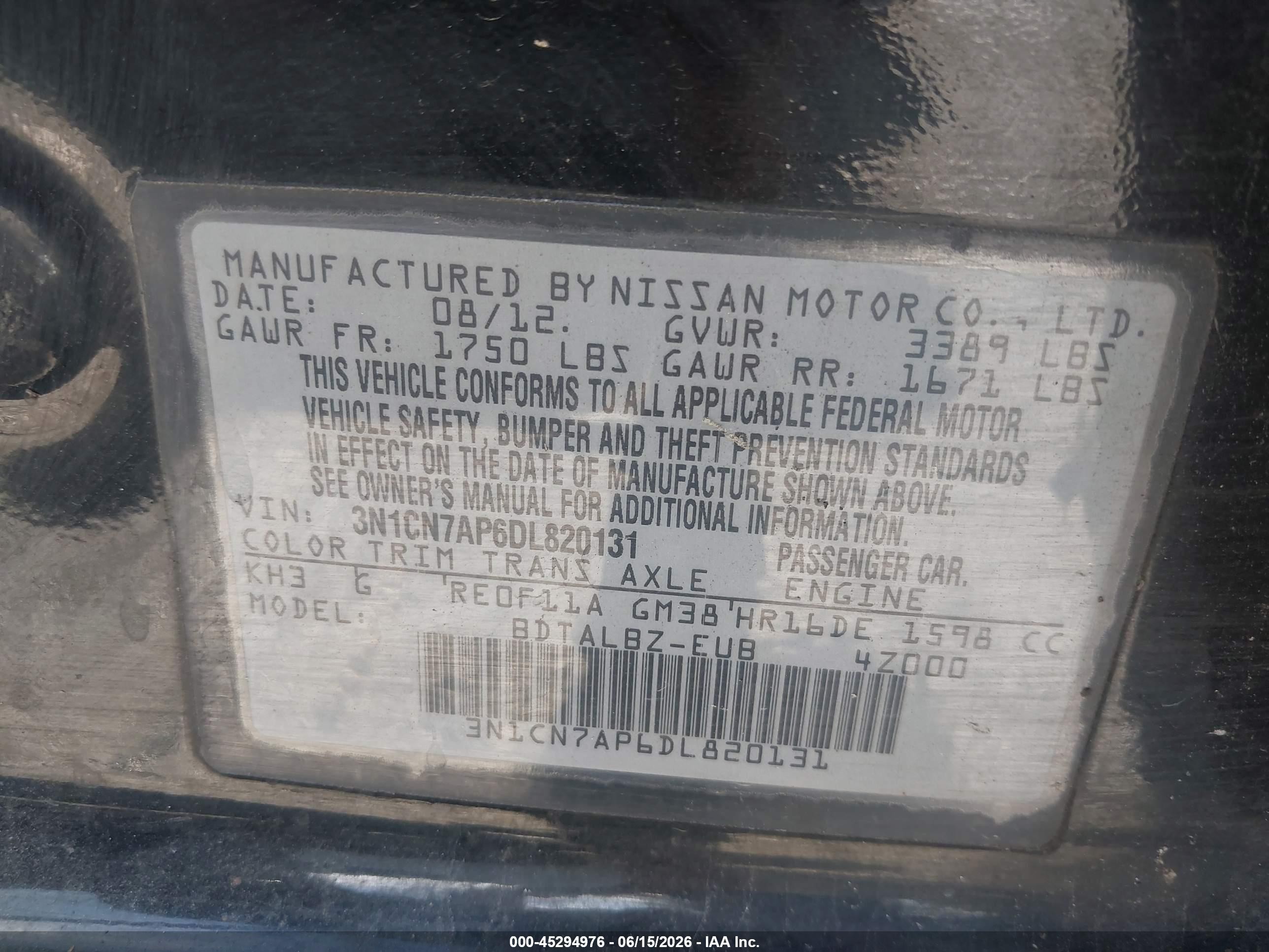 2013 Nissan Versa 1.6 Sv Black vin: 3N1CN7AP6DL820131