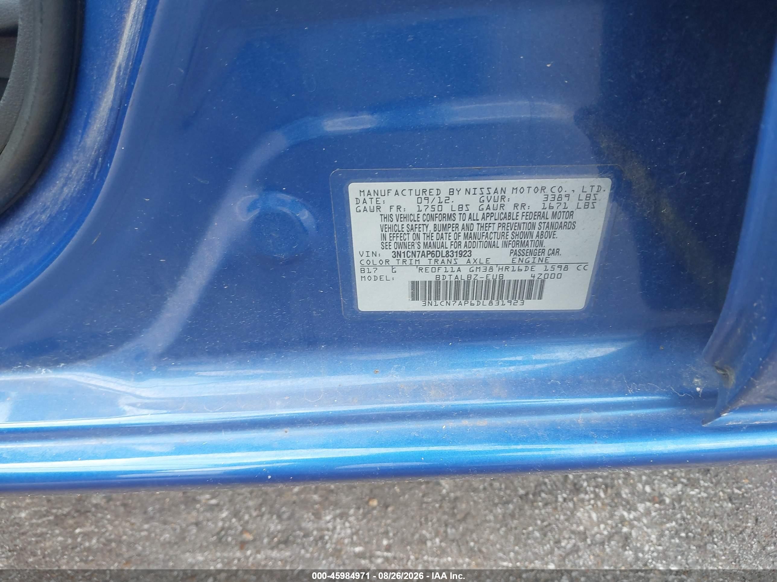 2013 Nissan Versa 1.6 Sv Blue vin: 3N1CN7AP6DL831923