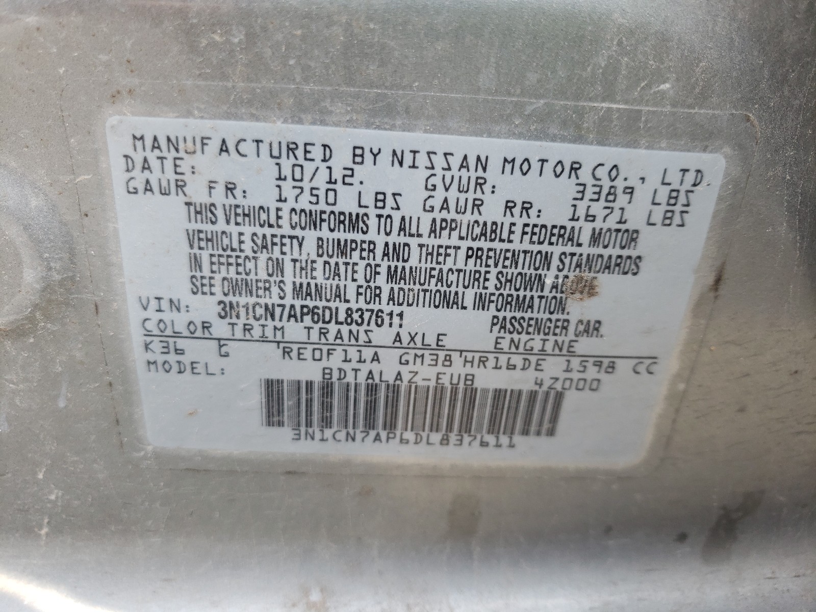 2013 Nissan Versa S Gray vin: 3N1CN7AP6DL837611