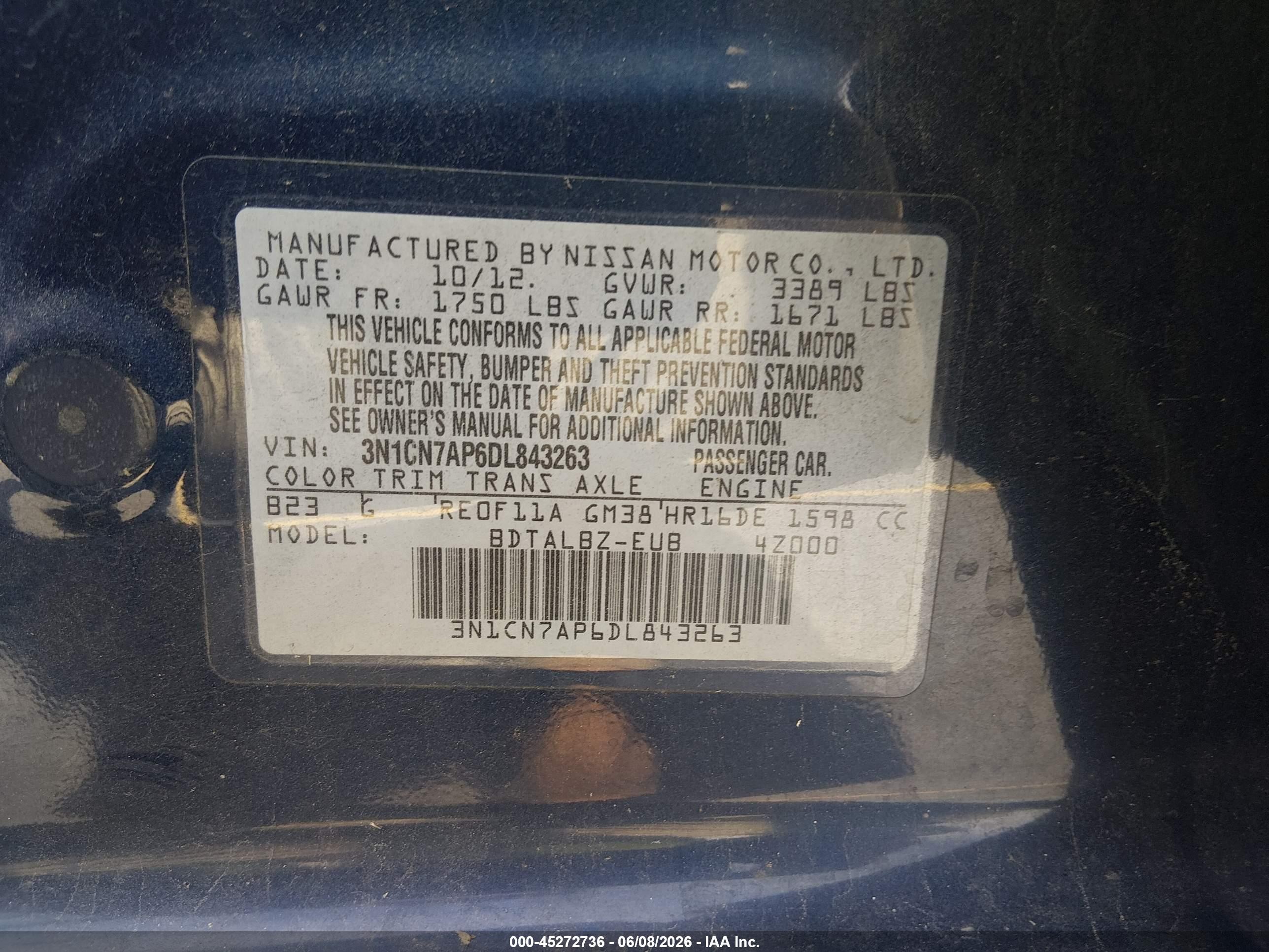 2013 Nissan Versa 1.6 Sv Blue vin: 3N1CN7AP6DL843263