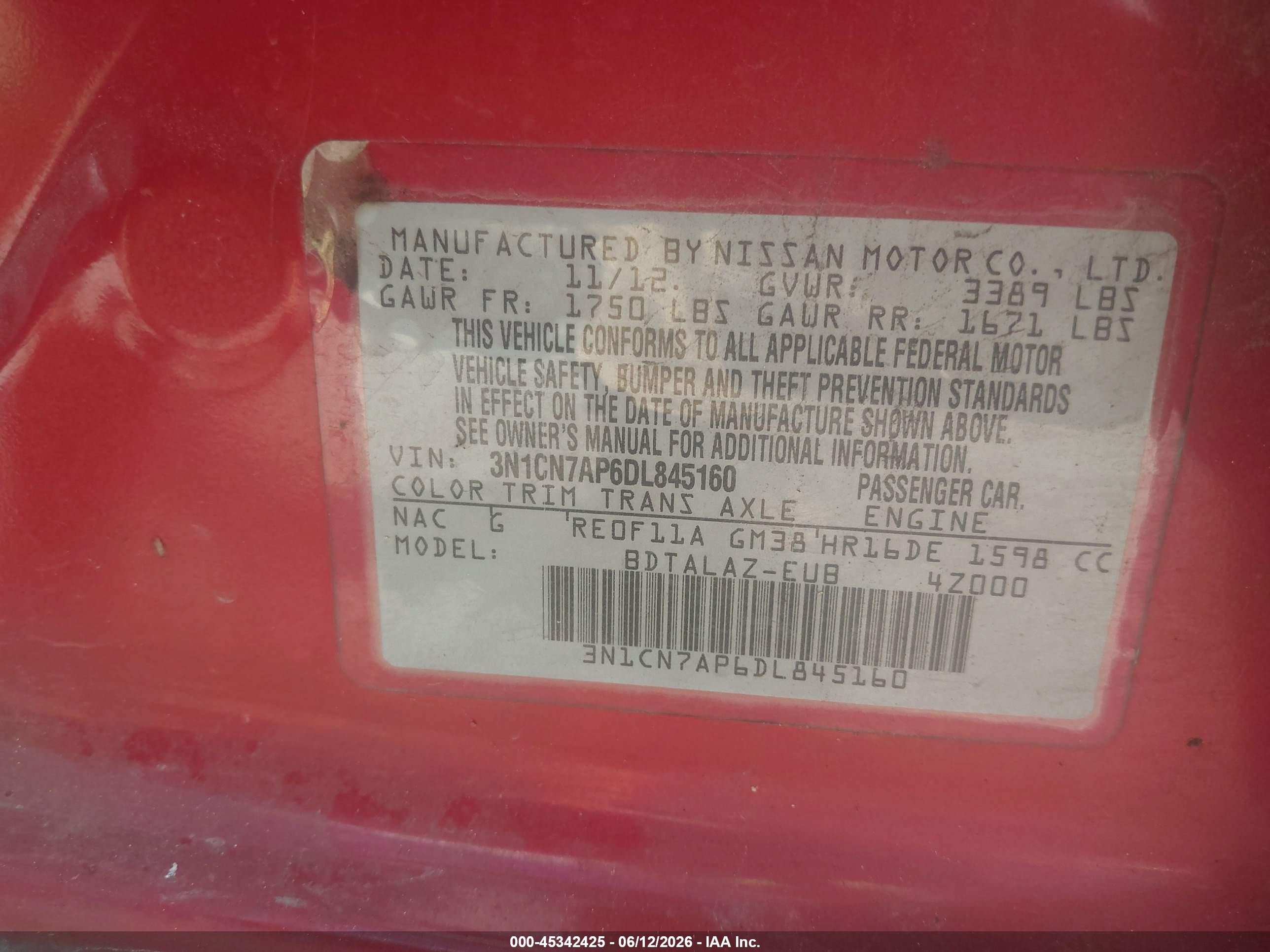 2013 Nissan Versa 1.6 S+ Red vin: 3N1CN7AP6DL845160