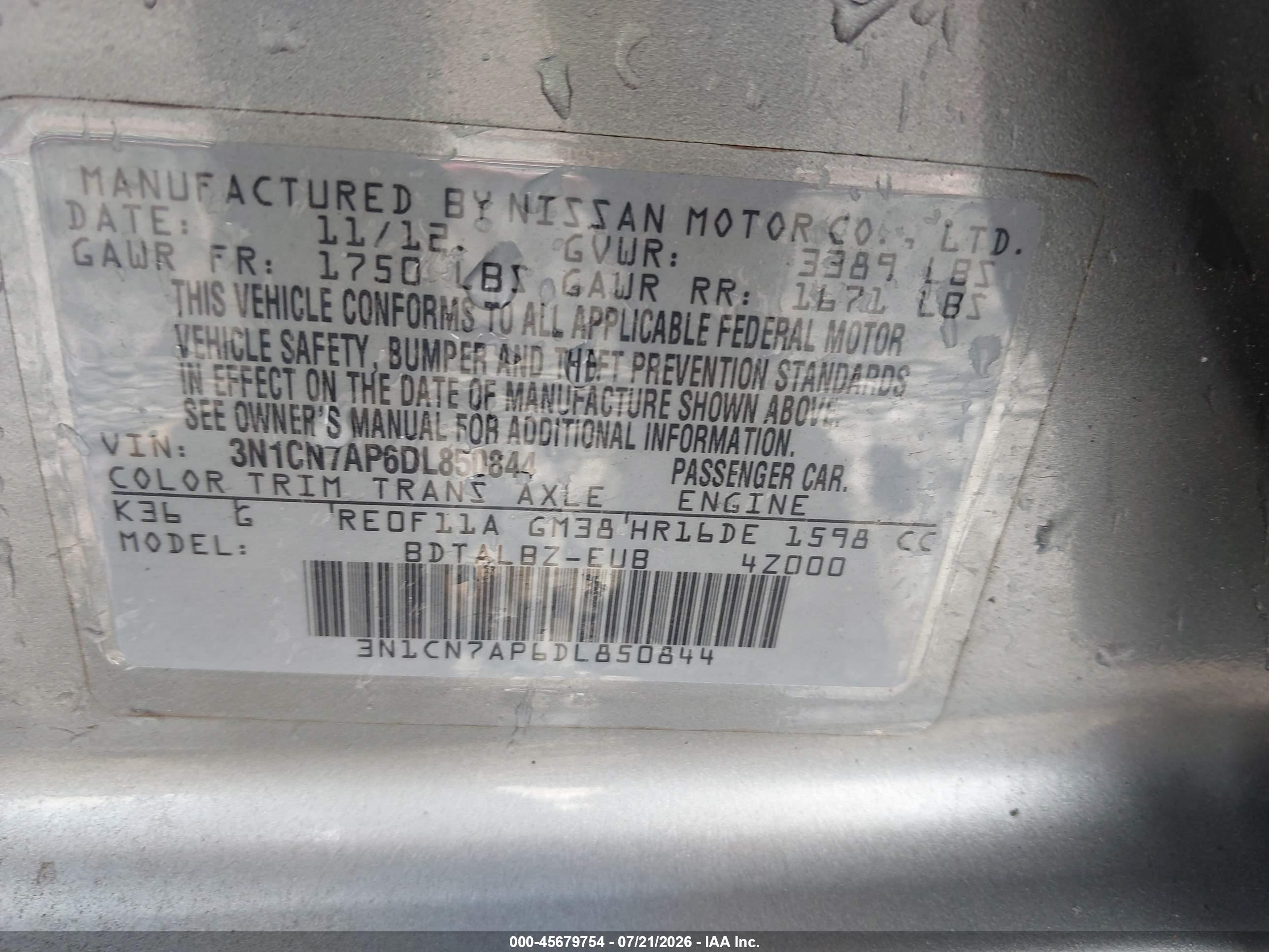 2013 Nissan Versa 1.6 Sv Silver vin: 3N1CN7AP6DL850844