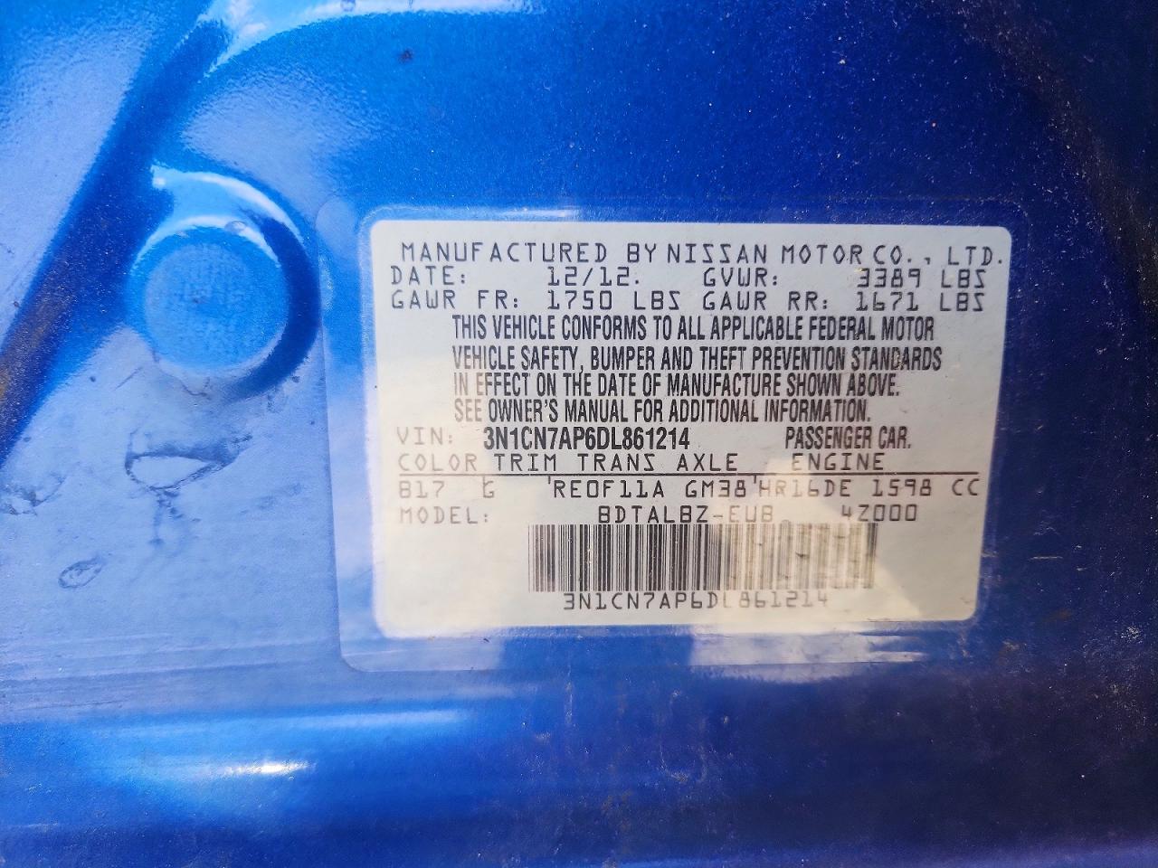 2013 Nissan Versa 1.6 S Blue vin: 3N1CN7AP6DL861214