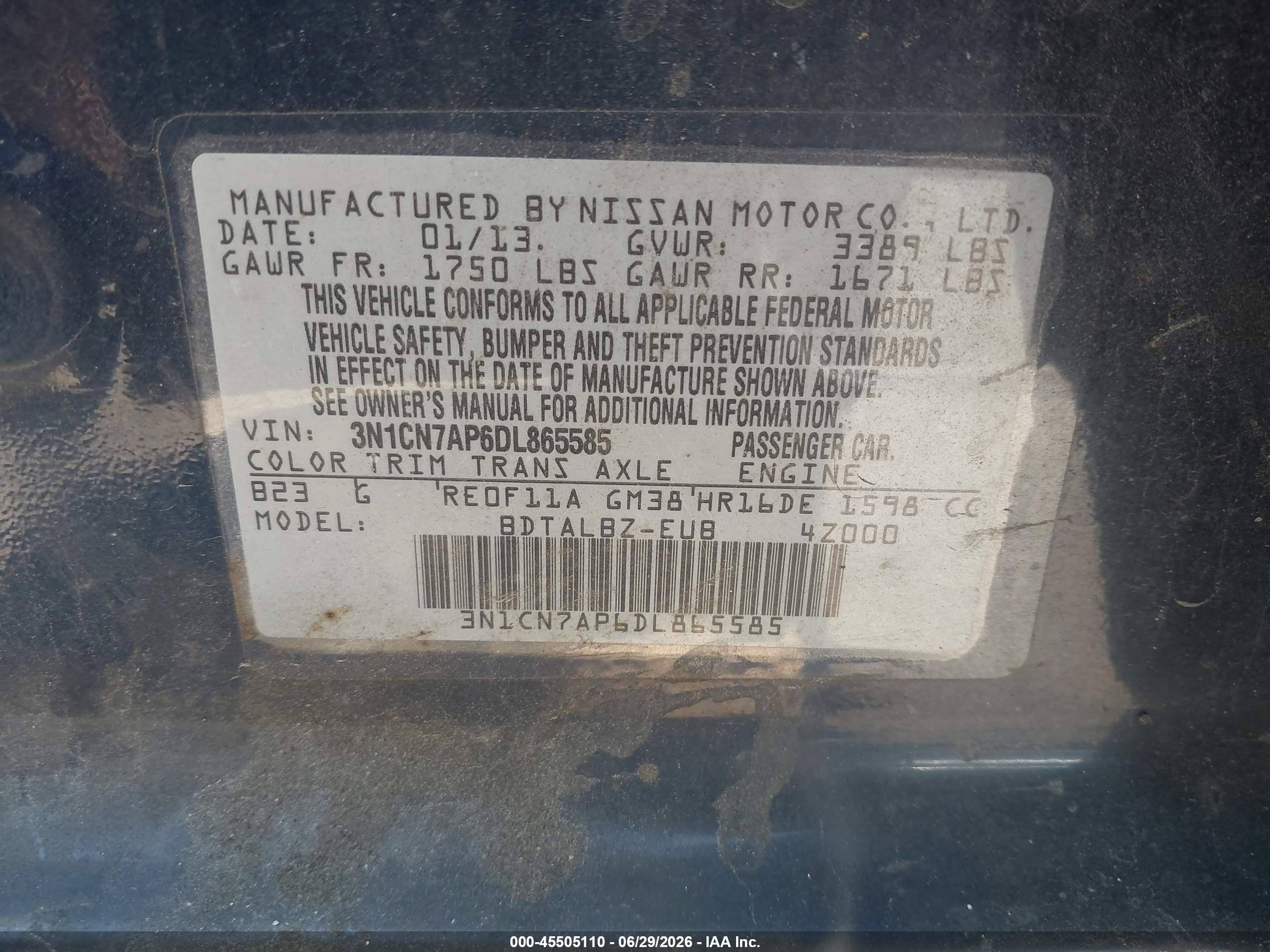 2013 Nissan Versa 1.6 Sv Blue vin: 3N1CN7AP6DL865585