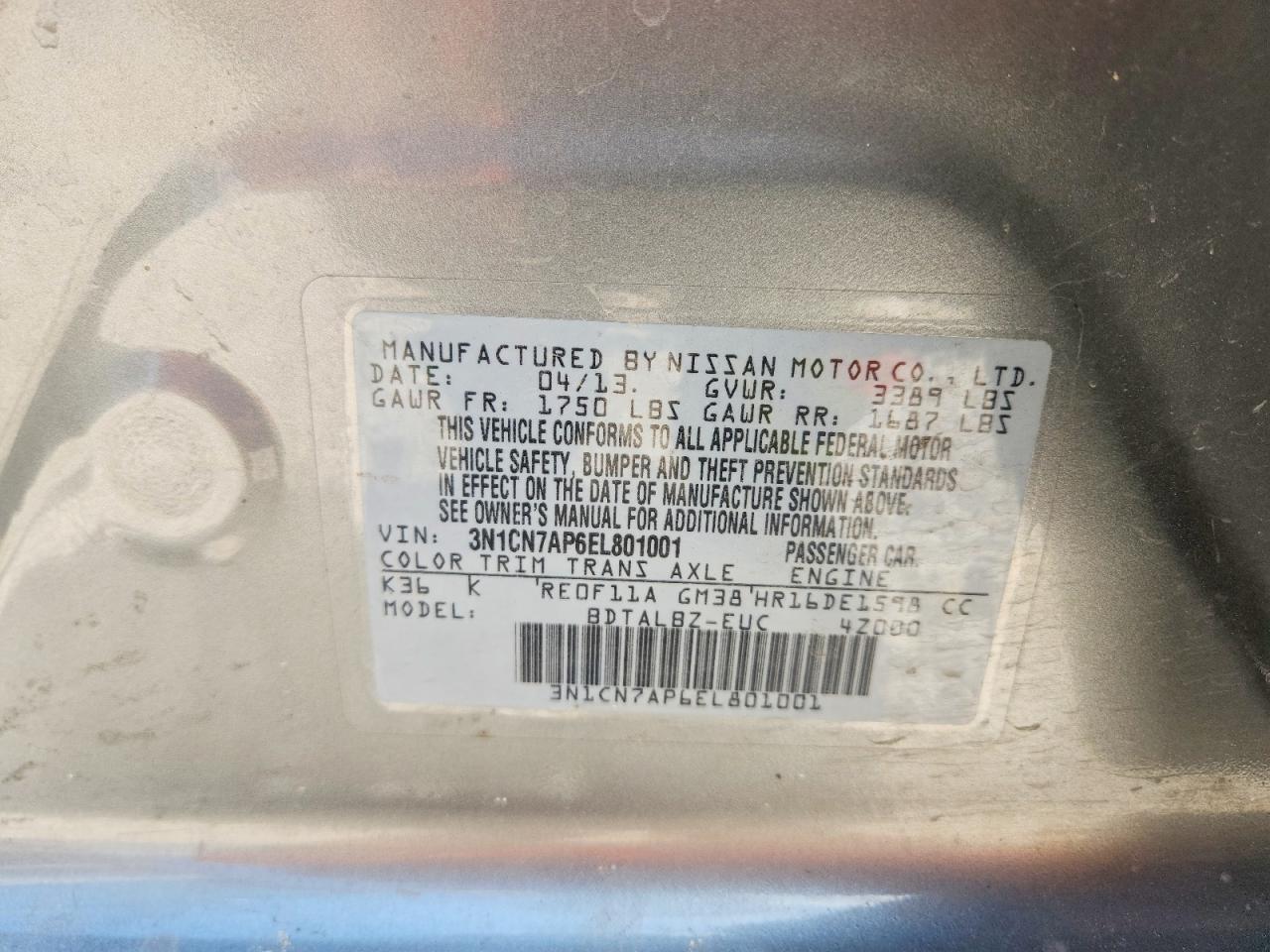 2014 Nissan Versa Silver vin: 3N1CN7AP6EL801001