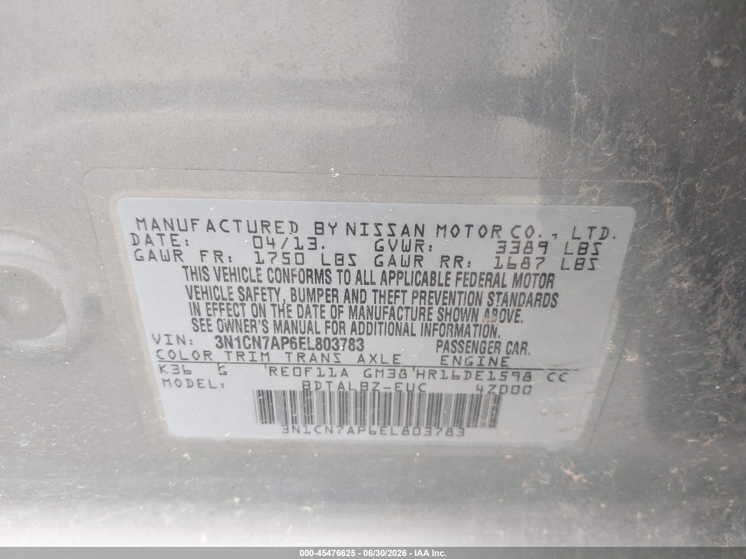 2014 Nissan Versa 1.6 Sv Silver vin: 3N1CN7AP6EL803783