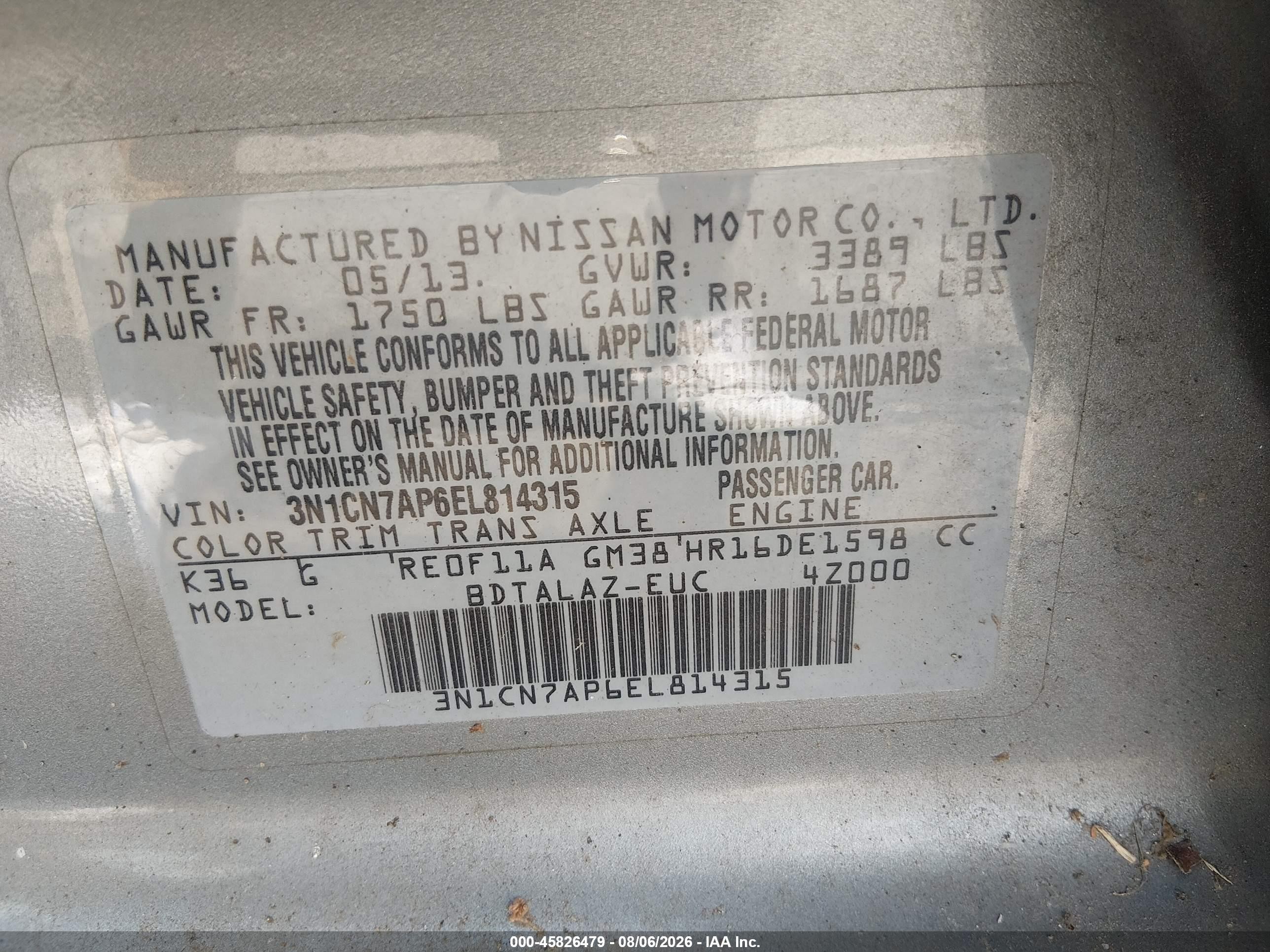 2014 Nissan Versa 1.6 S+ Silver vin: 3N1CN7AP6EL814315