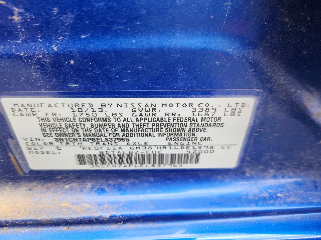 2014 Nissan Versa 1.6 Sv Blue vin: 3N1CN7AP6EL837965