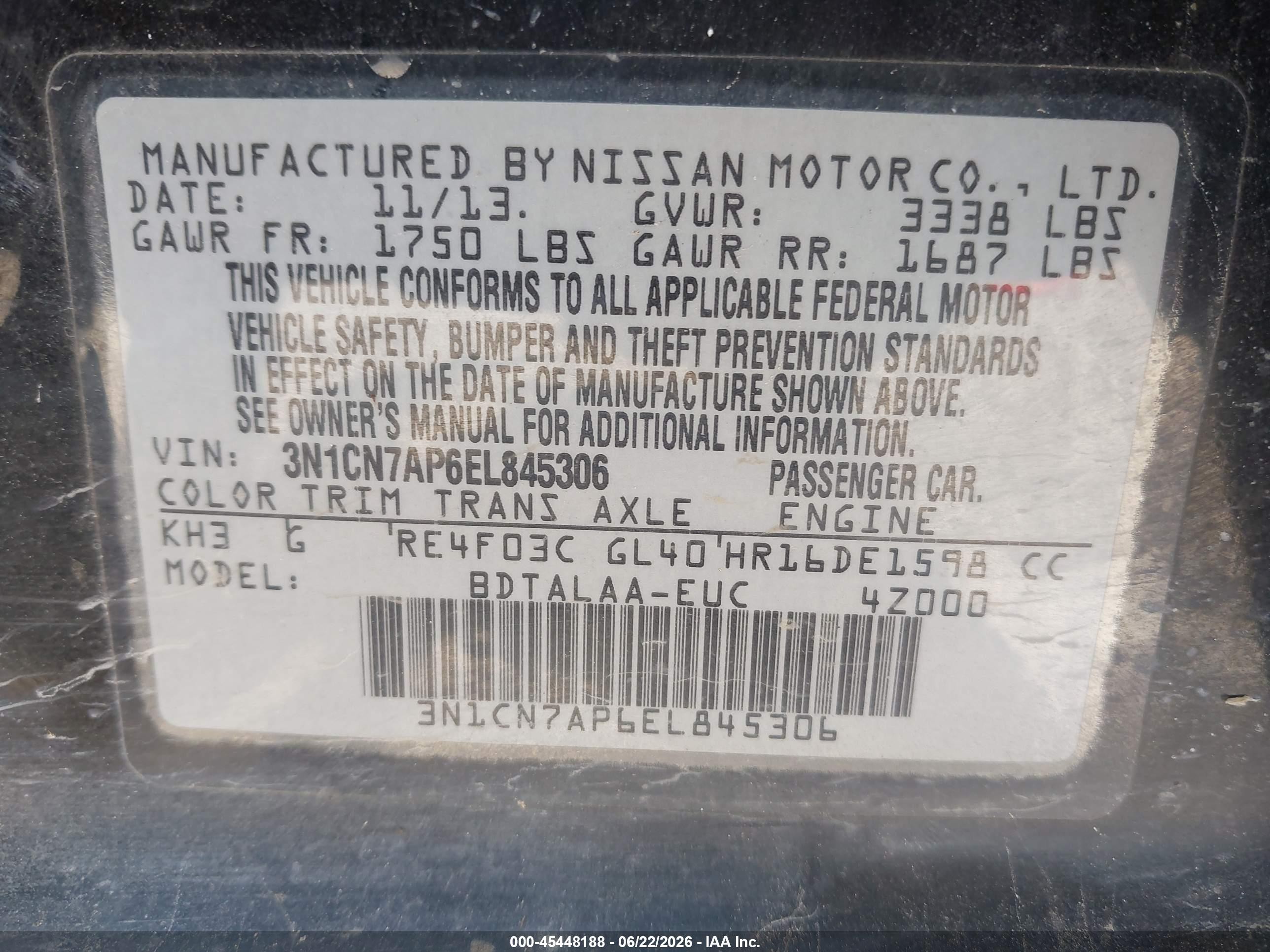 2014 Nissan Versa 1.6 S Black vin: 3N1CN7AP6EL845306