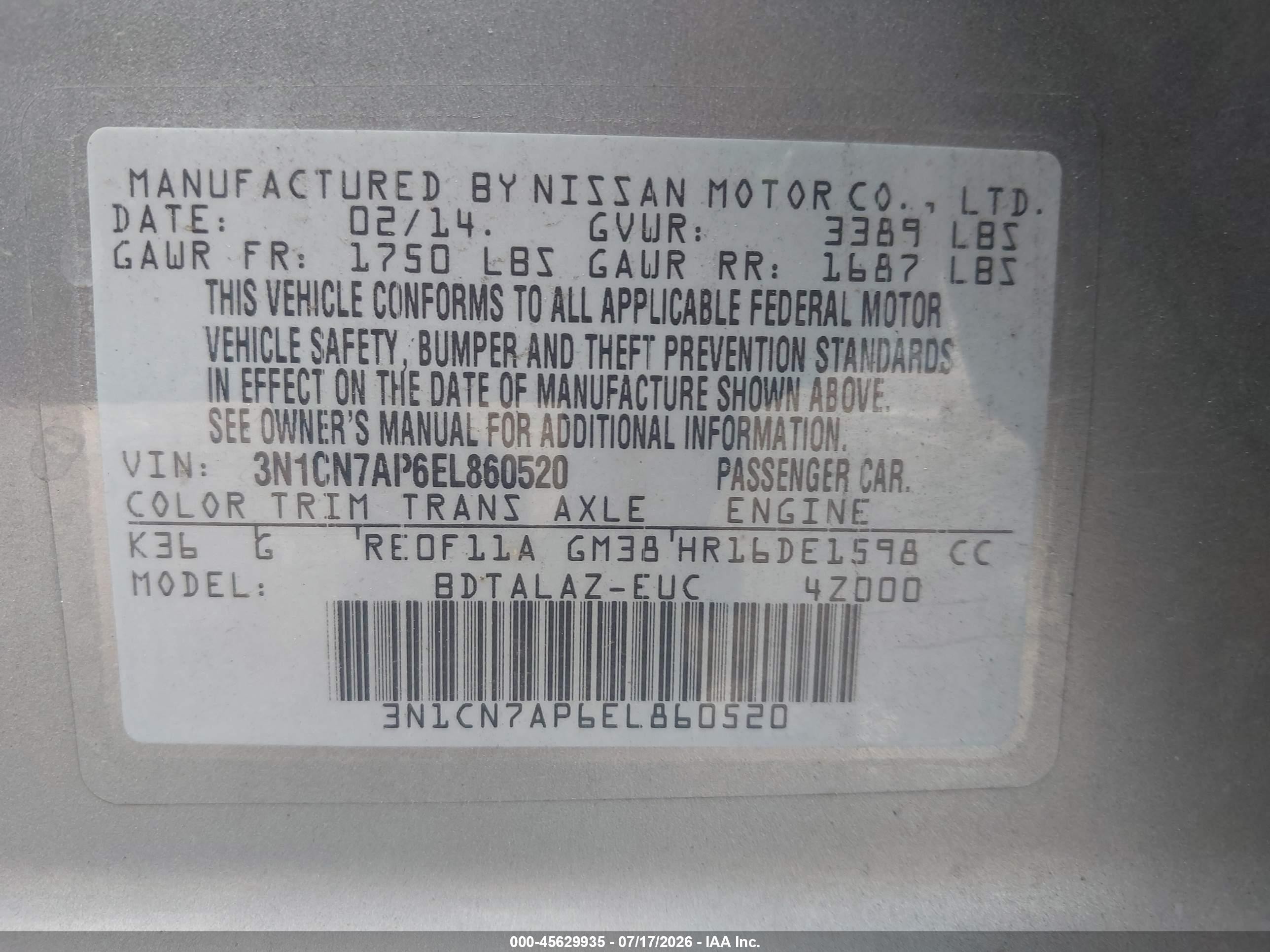 2014 Nissan Versa 1.6 S+ Silver vin: 3N1CN7AP6EL860520