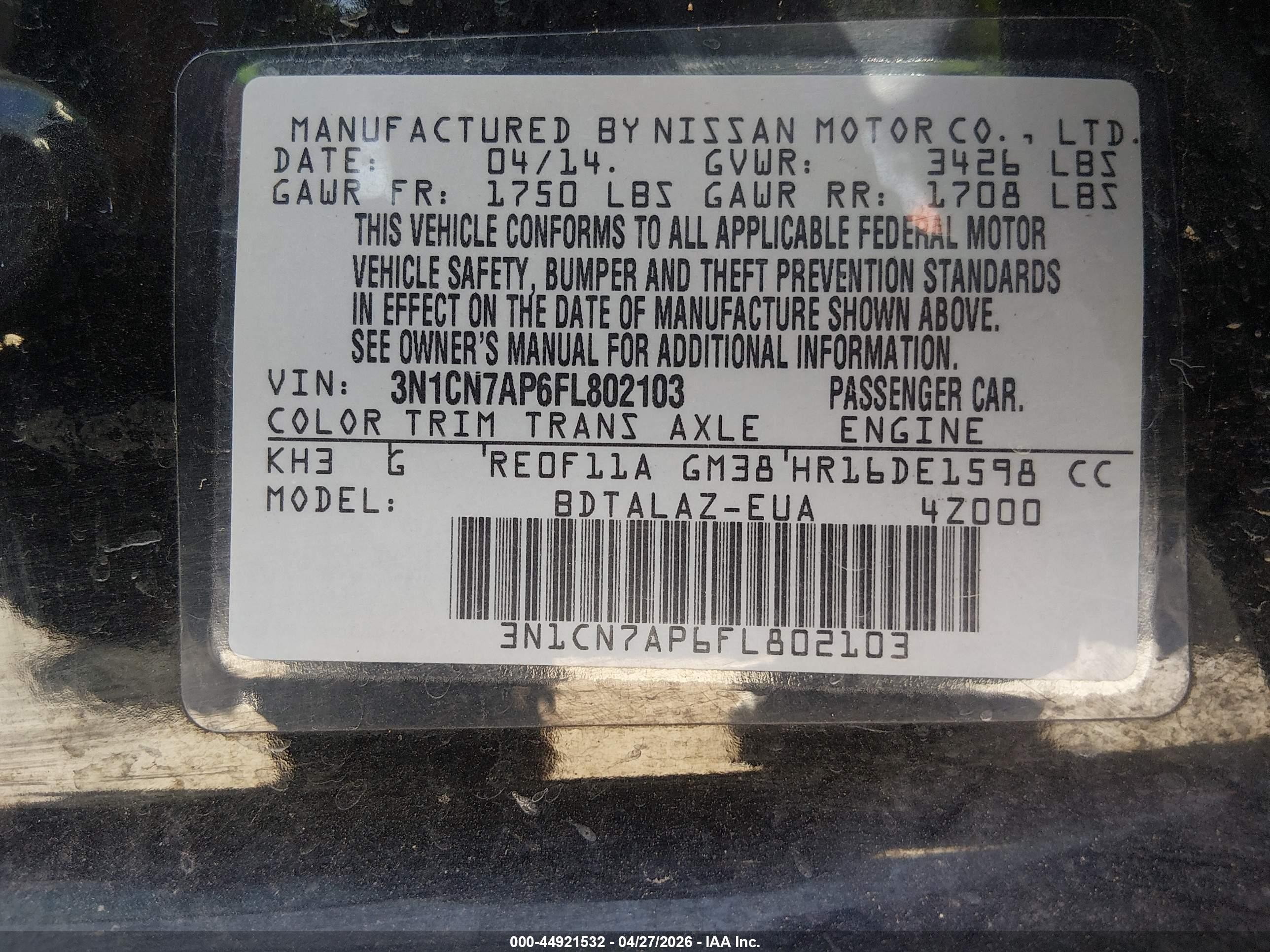 2015 Nissan Versa 1.6 S+ Black vin: 3N1CN7AP6FL802103