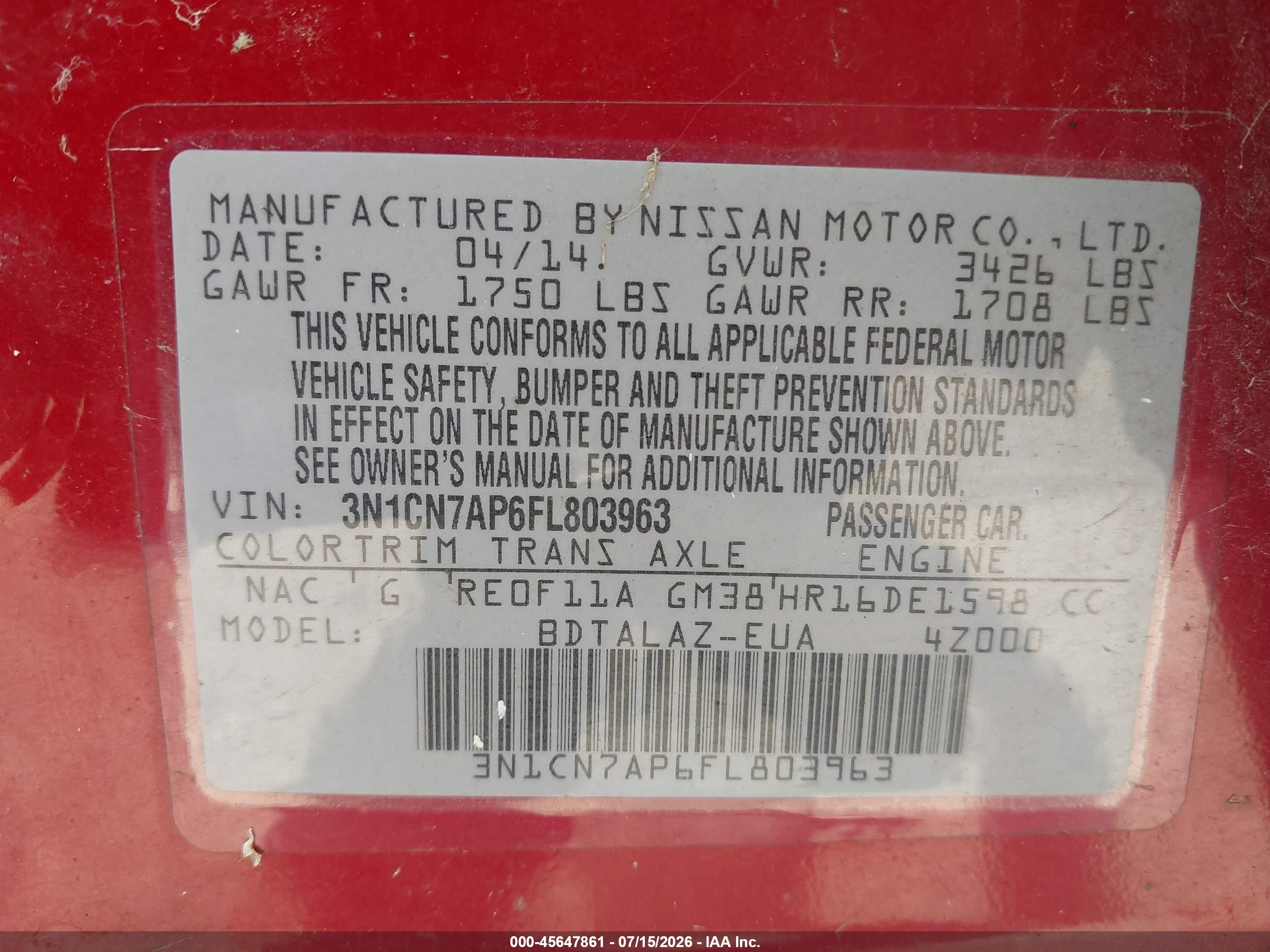 2015 Nissan Versa 1.6 S+ Red vin: 3N1CN7AP6FL803963