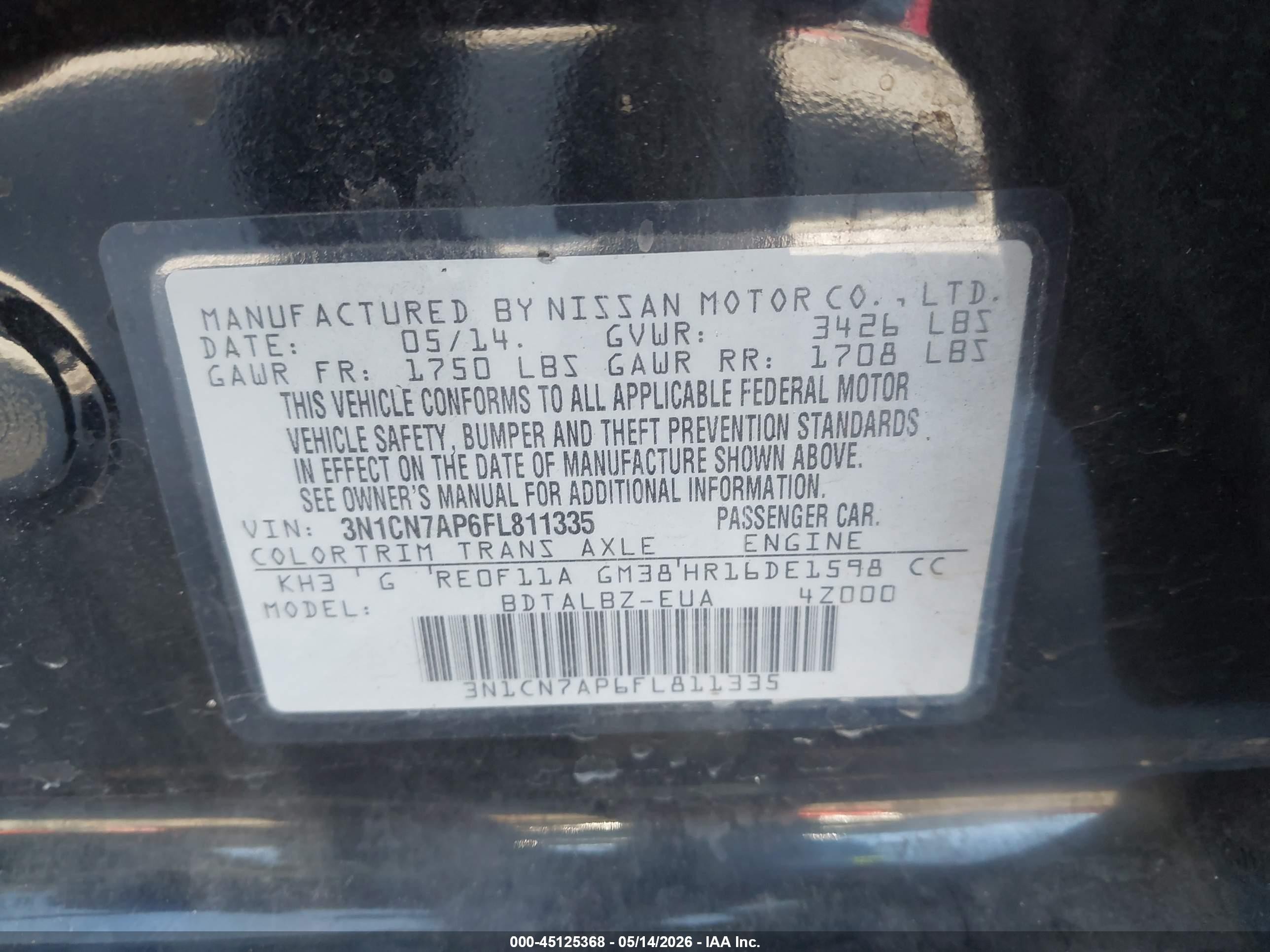 2015 Nissan Versa 1.6 Sv Черный vin: 3N1CN7AP6FL811335