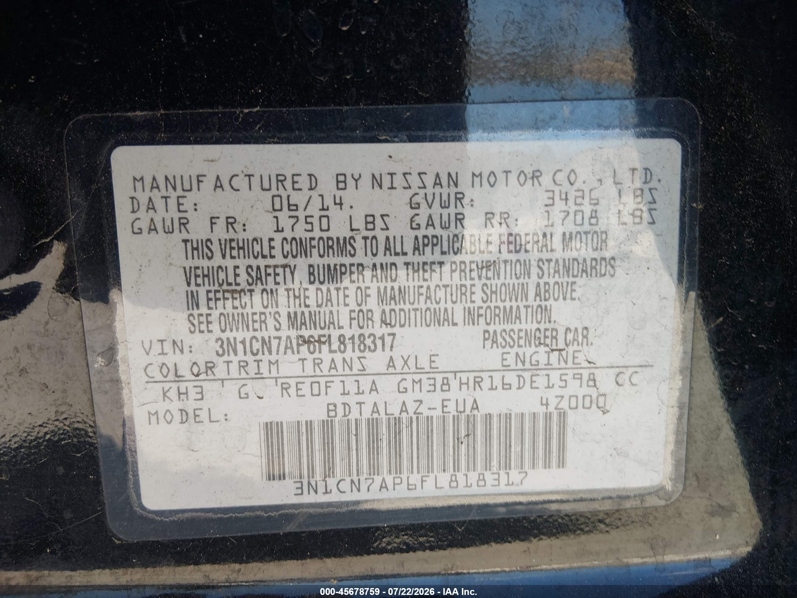 2015 Nissan Versa 1.6 S+ Black vin: 3N1CN7AP6FL818317