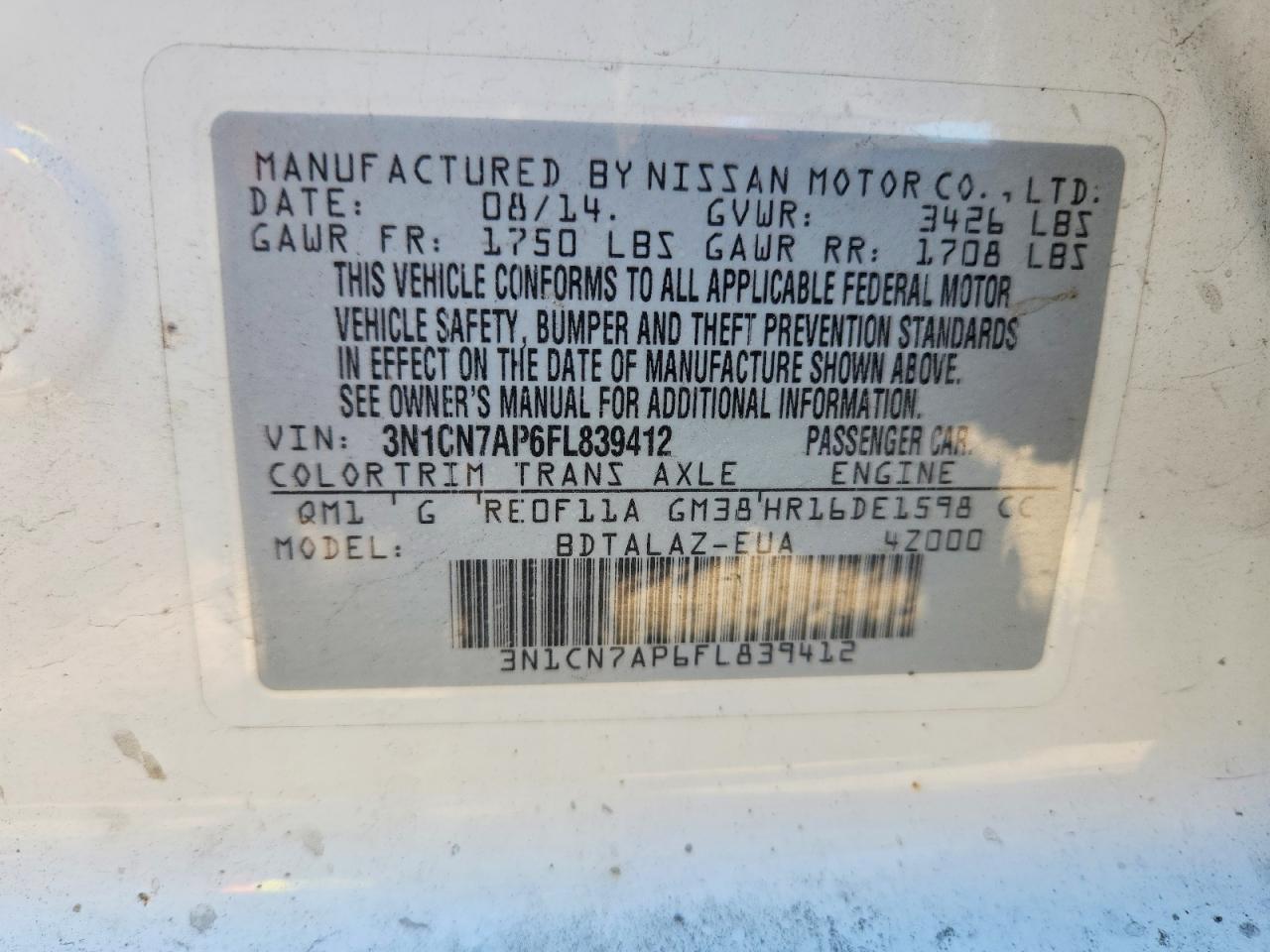 2015 Nissan Versa 1.6 S Plus White vin: 3N1CN7AP6FL839412