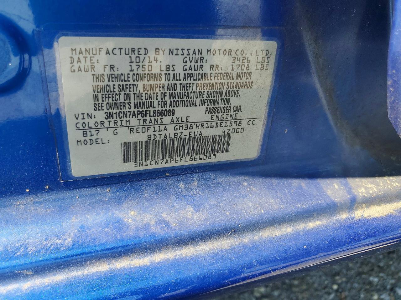 2015 Nissan Versa 1.6 Sv Blue vin: 3N1CN7AP6FL866089