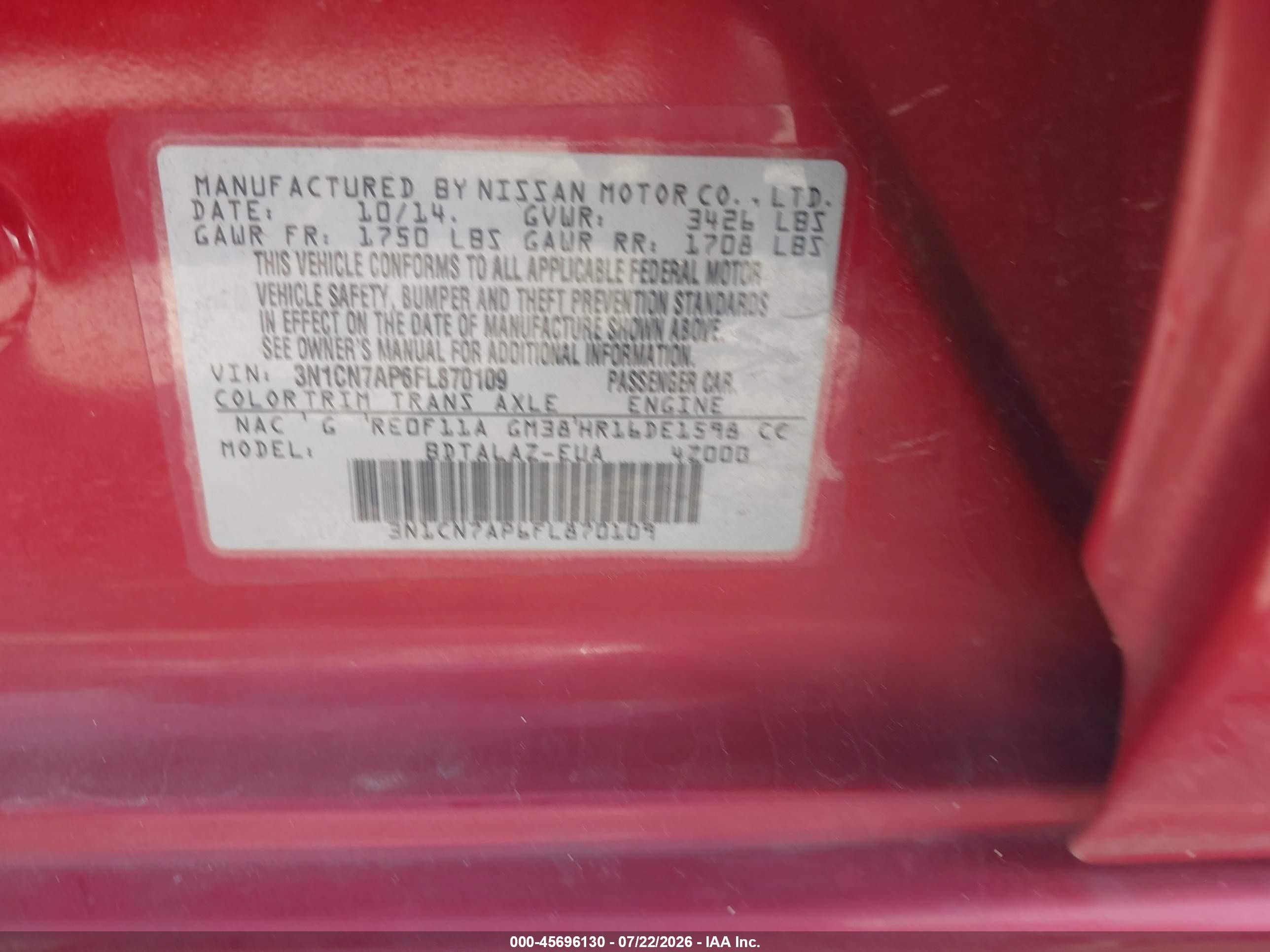 2015 Nissan Versa 1.6 S+ Red vin: 3N1CN7AP6FL870109