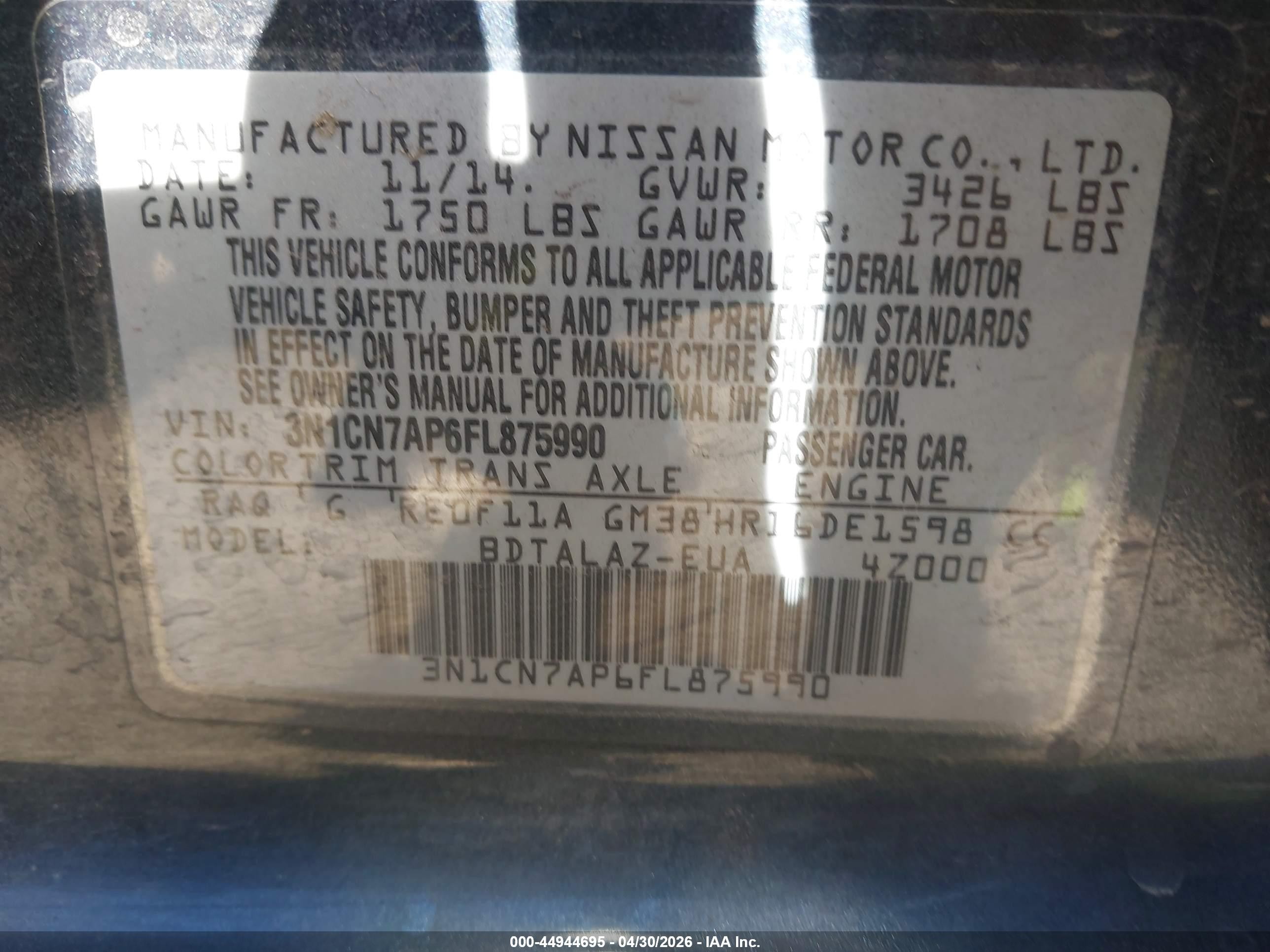 2015 Nissan Versa 1.6 S+ Dark Blue vin: 3N1CN7AP6FL875990