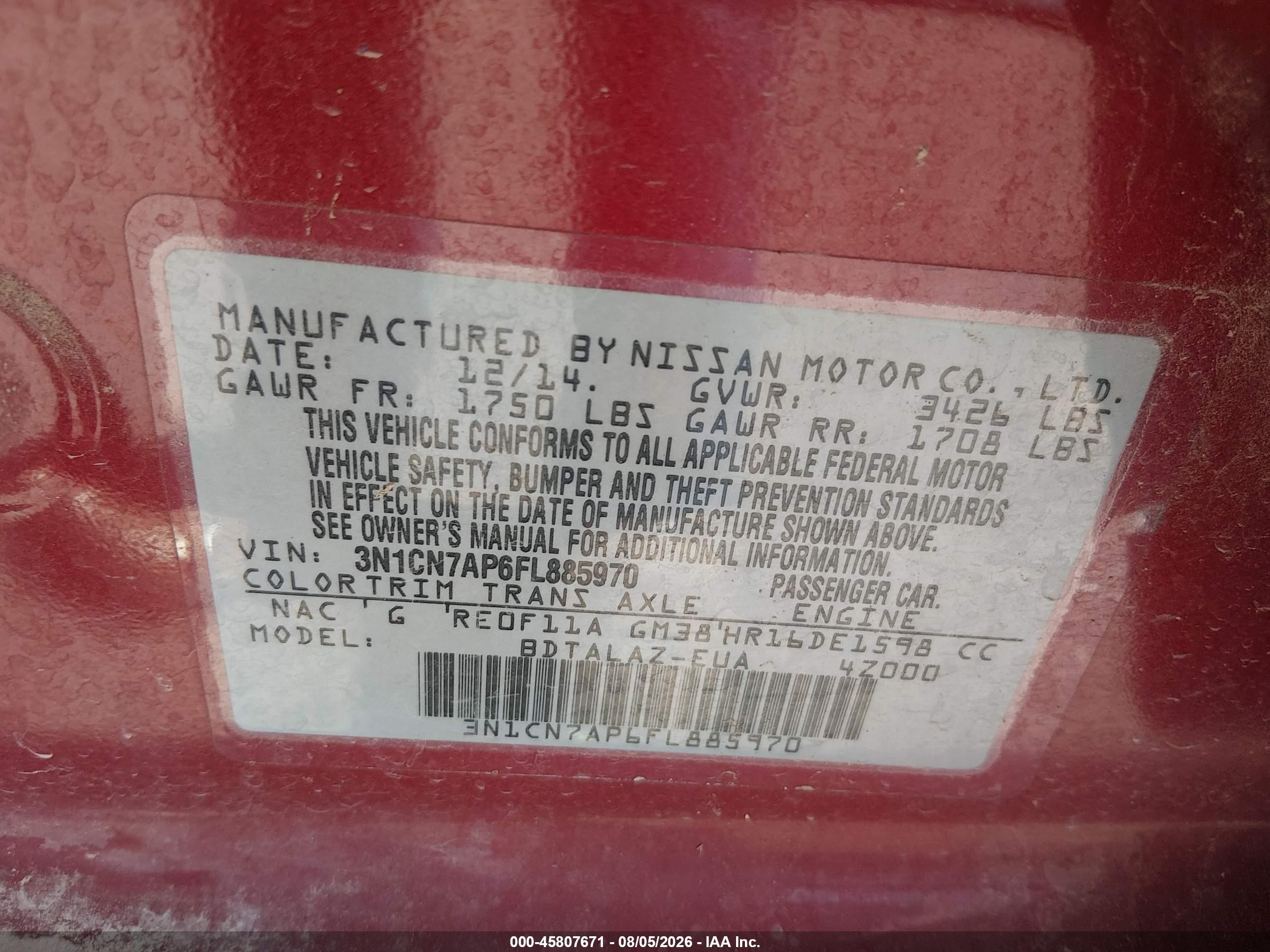 2015 Nissan Versa 1.6 S+ Burgundy vin: 3N1CN7AP6FL885970