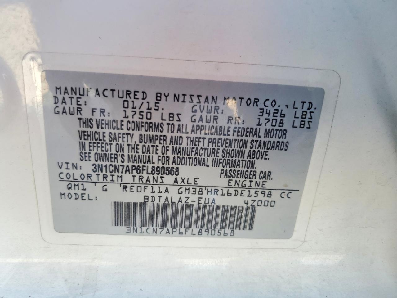 2015 Nissan Versa 1.6 S Plus White vin: 3N1CN7AP6FL890568