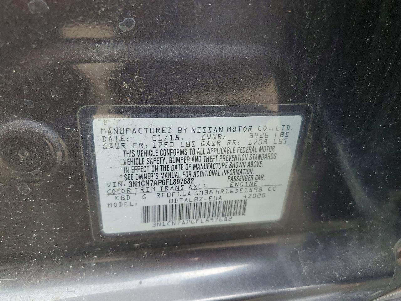 2015 Nissan Versa 1.6 Sv Gray vin: 3N1CN7AP6FL897682