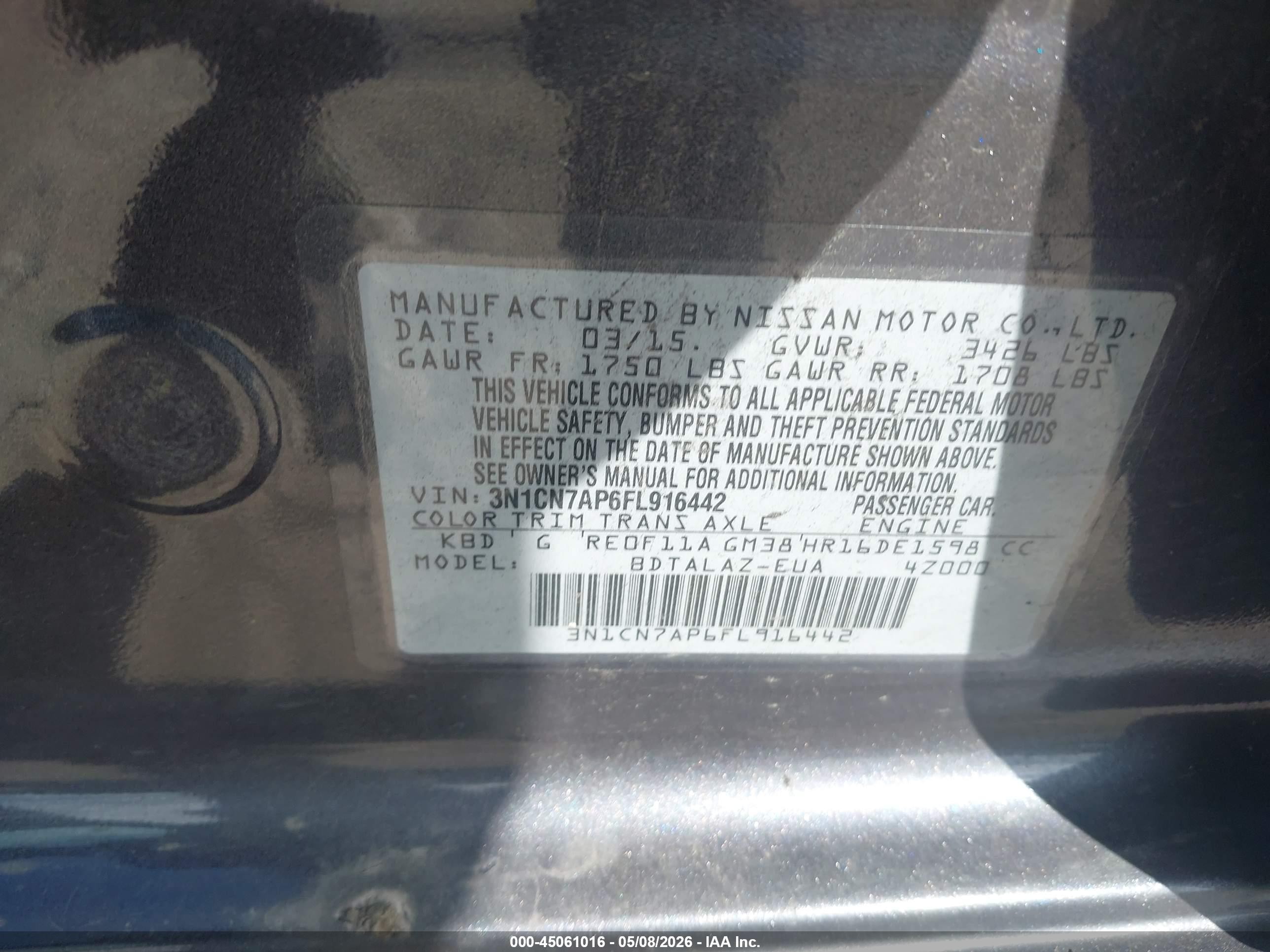 2015 Nissan Versa 1.6 S+ Gray vin: 3N1CN7AP6FL916442