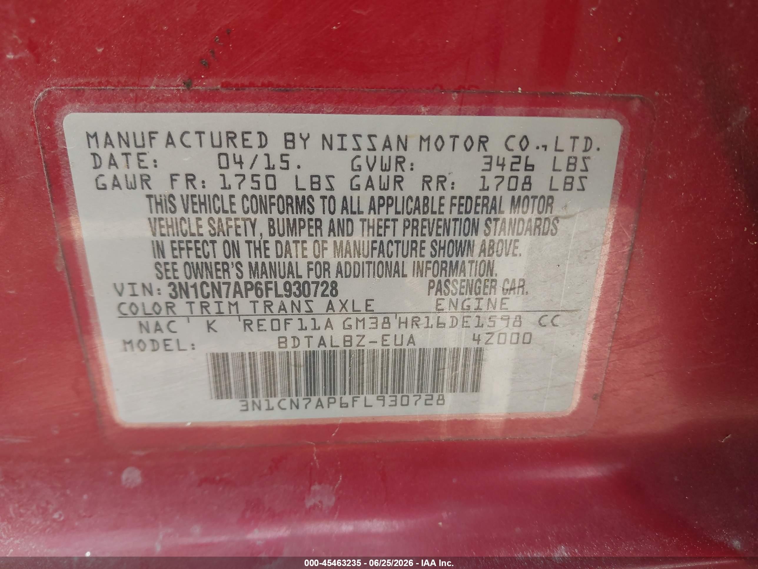 2015 Nissan Versa 1.6 Sv Burgundy vin: 3N1CN7AP6FL930728
