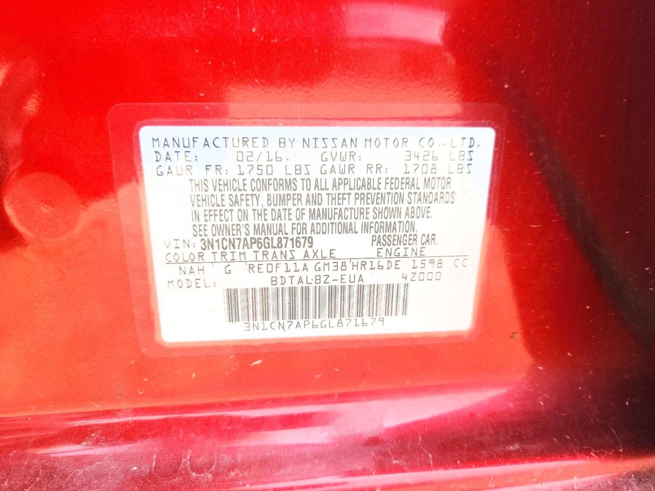 2016 Nissan Versa 1.6 Sv Red vin: 3N1CN7AP6GL871679