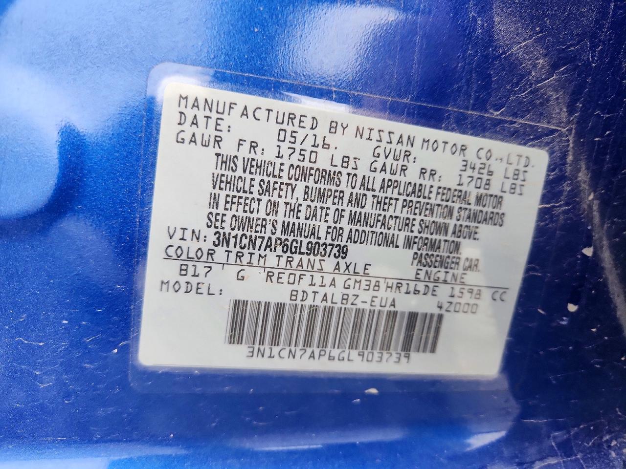 2016 Nissan Versa 1.6 Sv Blue vin: 3N1CN7AP6GL903739
