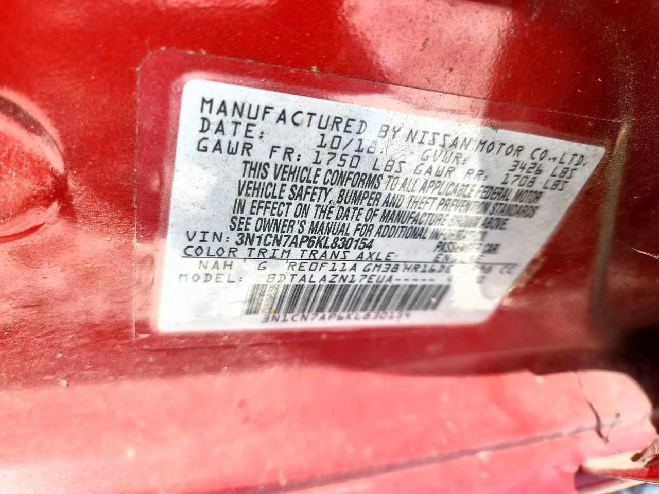 2019 Nissan Versa S Plus Red vin: 3N1CN7AP6KL830154
