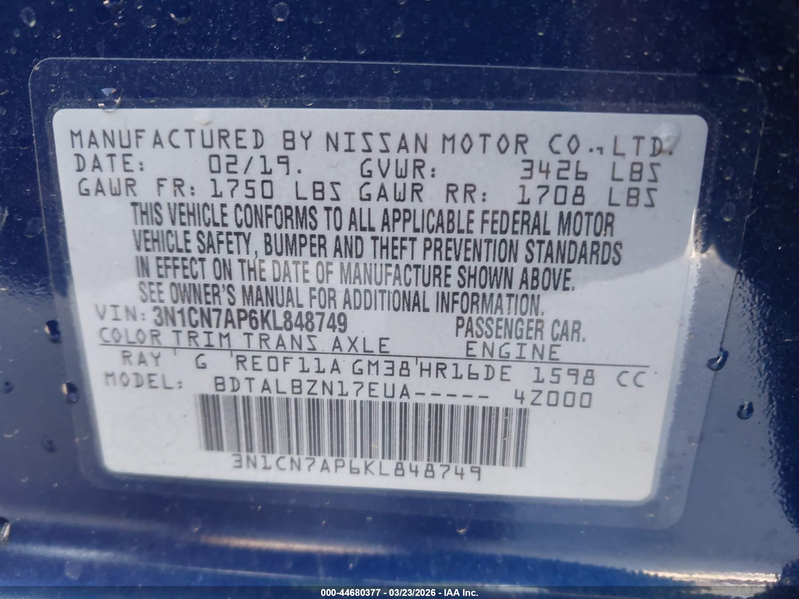 2019 Nissan Versa 1.6 Sv Blue vin: 3N1CN7AP6KL848749