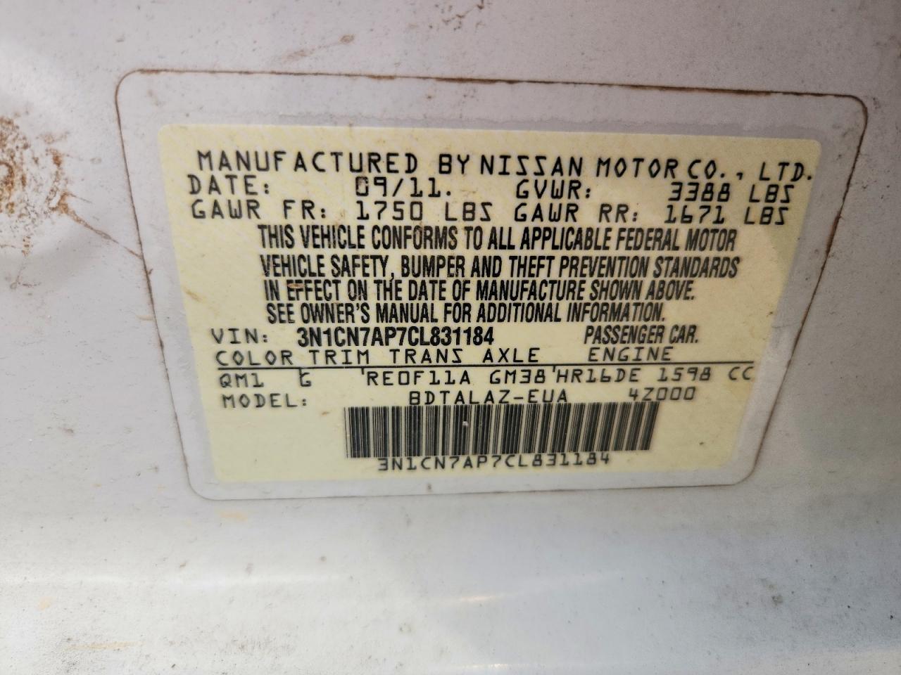 2012 Nissan Versa 1.6 S White vin: 3N1CN7AP7CL831184
