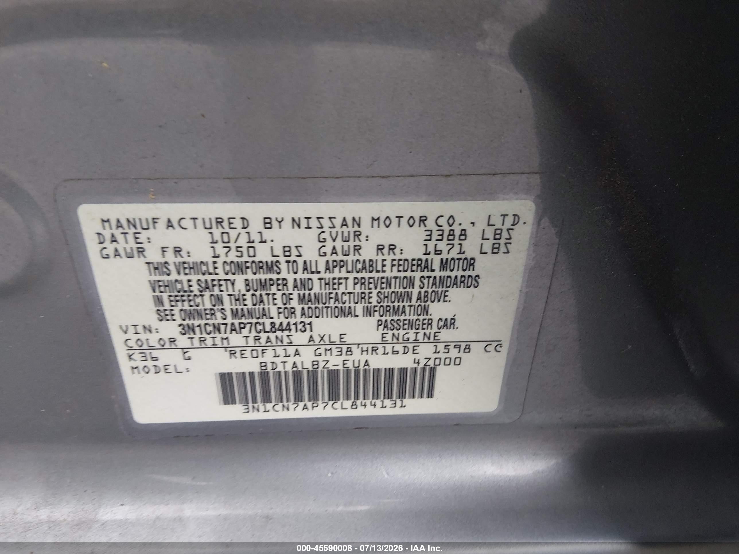 2012 Nissan Versa 1.6 Sv Silver vin: 3N1CN7AP7CL844131