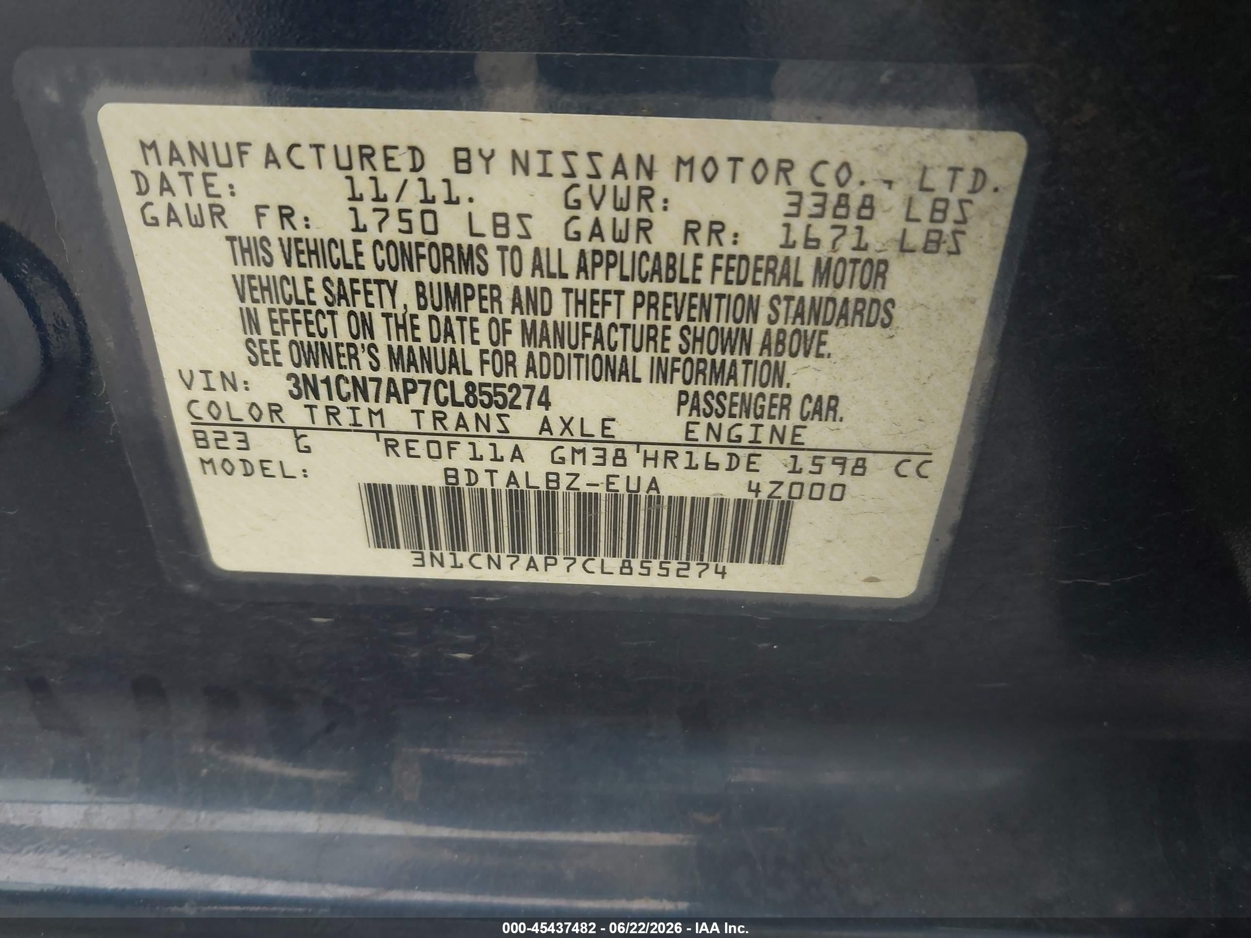 2012 Nissan Versa 1.6 Sv Blue vin: 3N1CN7AP7CL855274