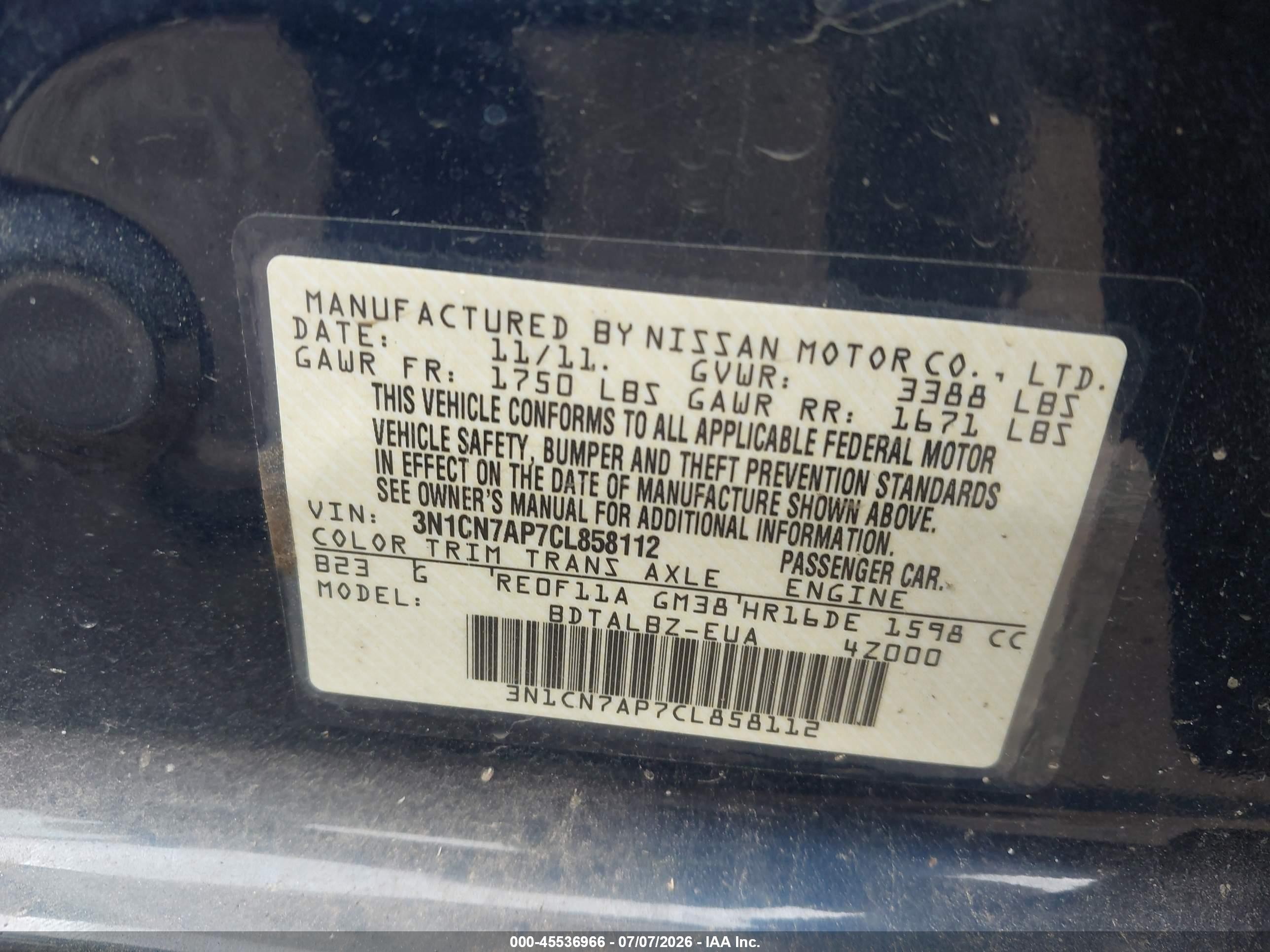 2012 Nissan Versa 1.6 Sv Blue vin: 3N1CN7AP7CL858112