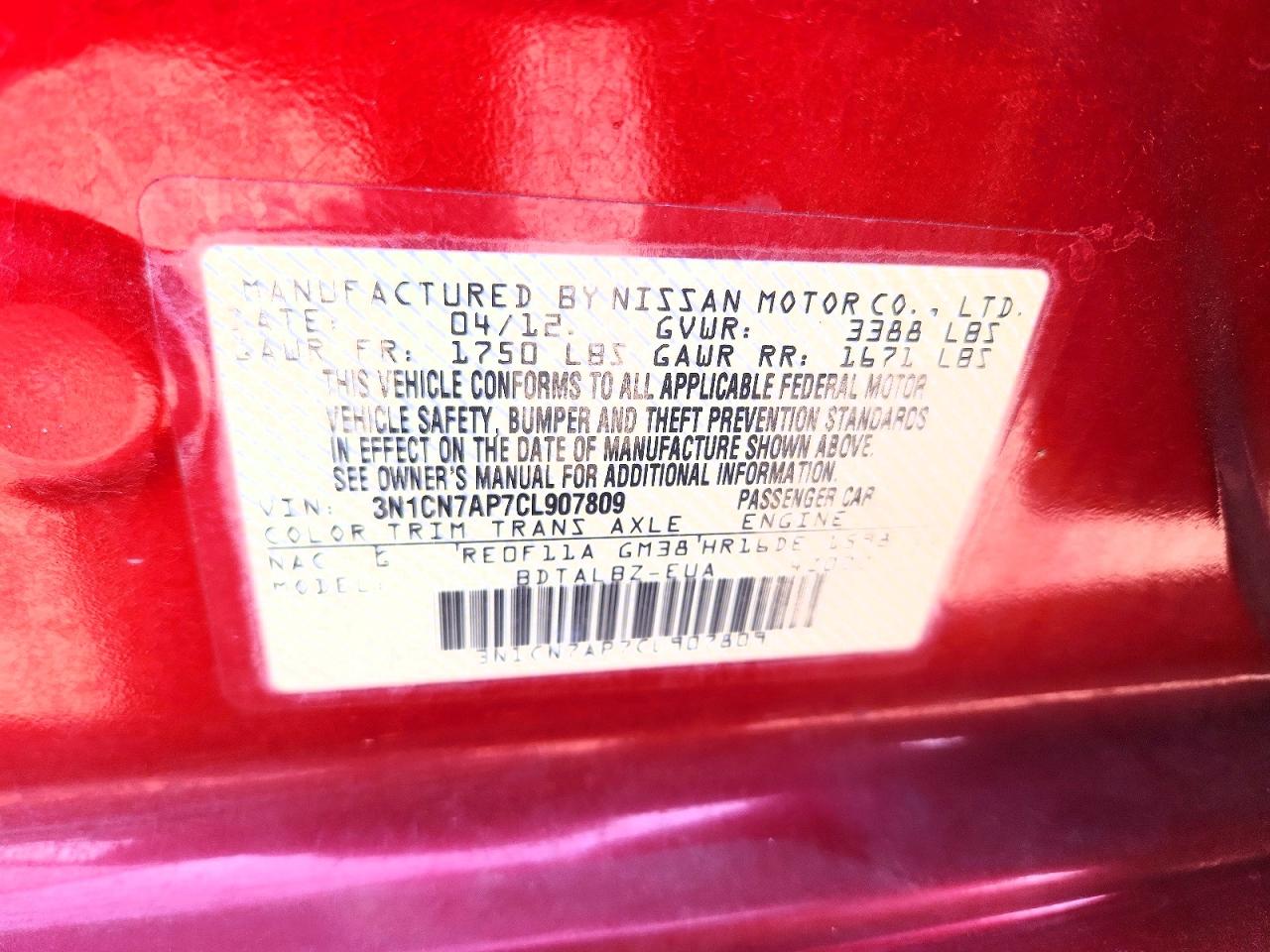 2012 Nissan Versa 1.6 S Red vin: 3N1CN7AP7CL907809