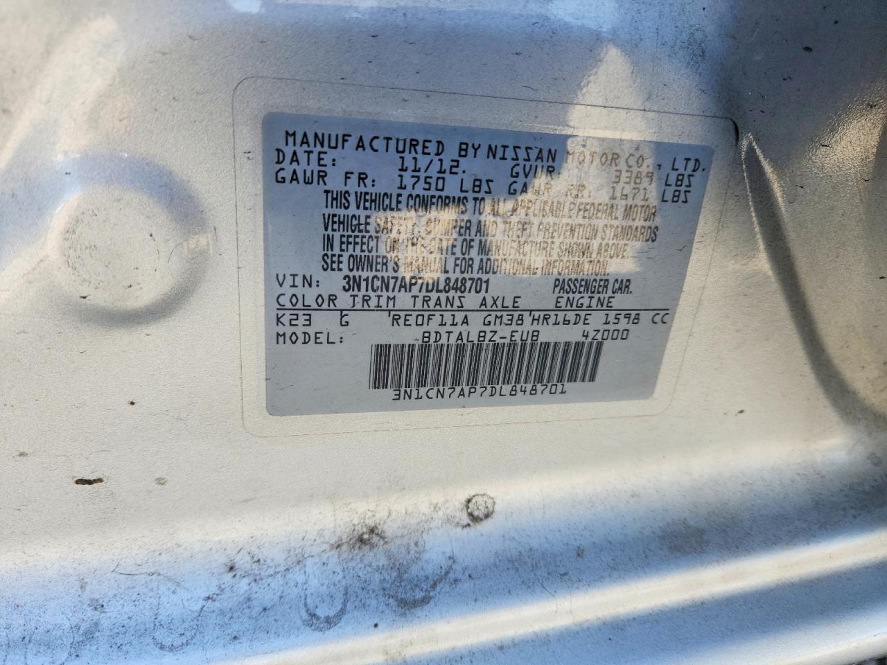 2013 Nissan Versa 1.6 S Silver vin: 3N1CN7AP7DL848701