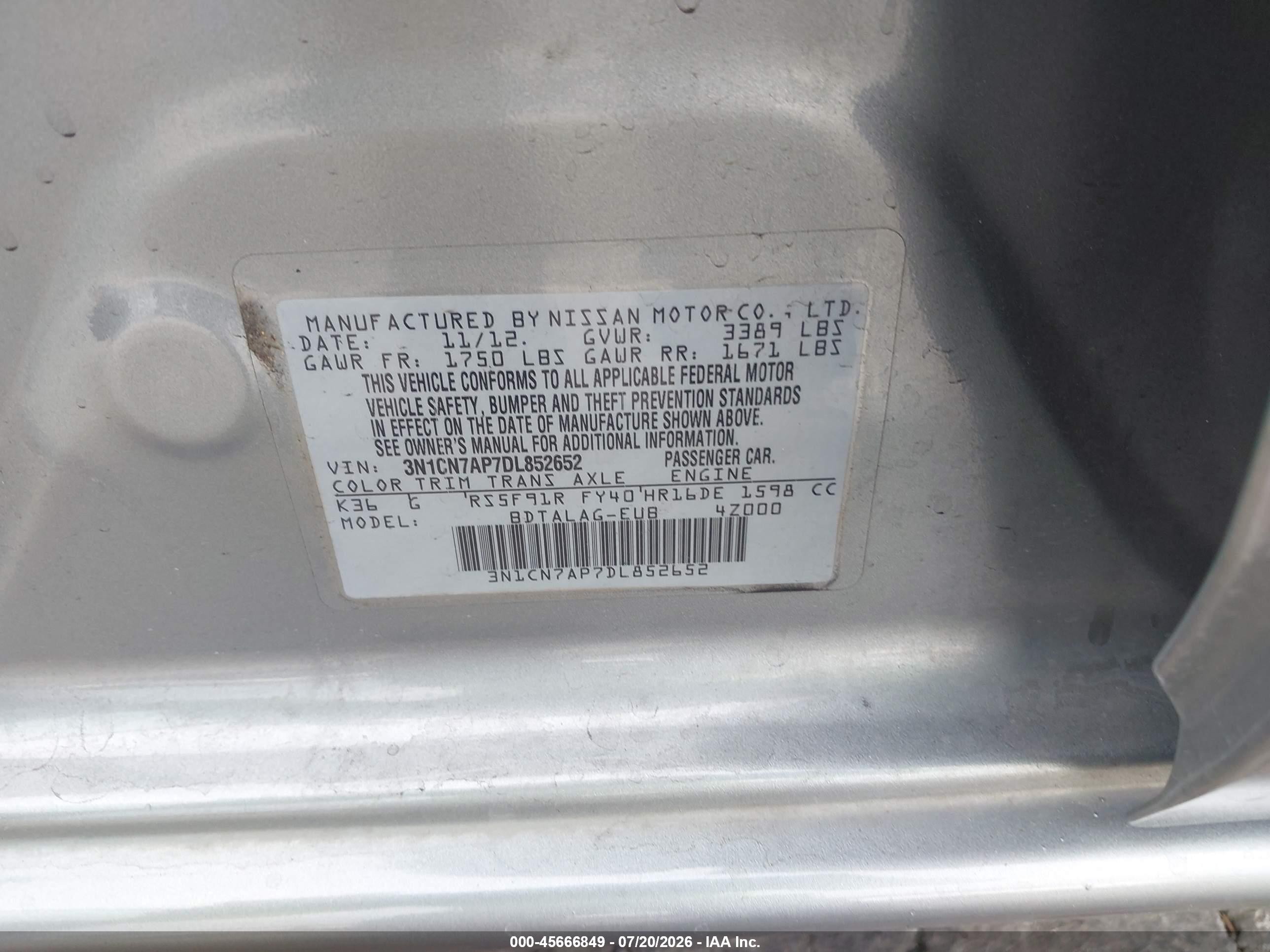2013 Nissan Versa 1.6 S Gray vin: 3N1CN7AP7DL852652