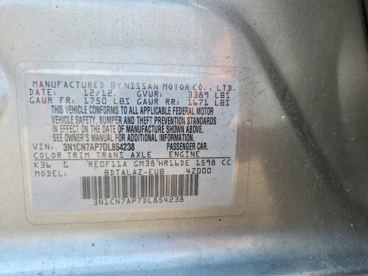 2013 Nissan Versa 1.6 S Silver vin: 3N1CN7AP7DL854238