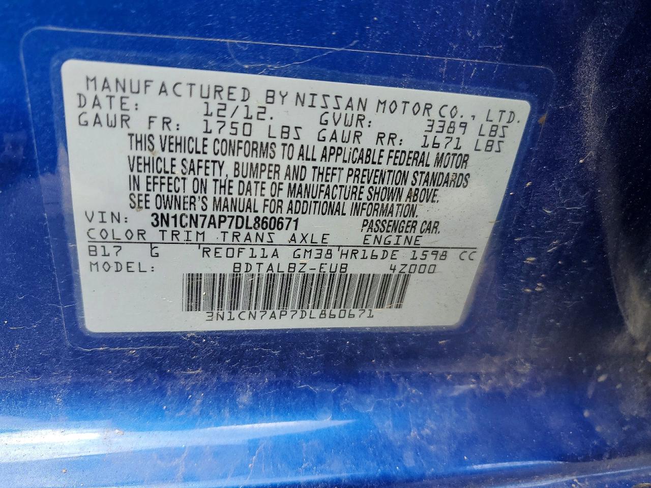 2013 Nissan Versa 1.6 S Blue vin: 3N1CN7AP7DL860671