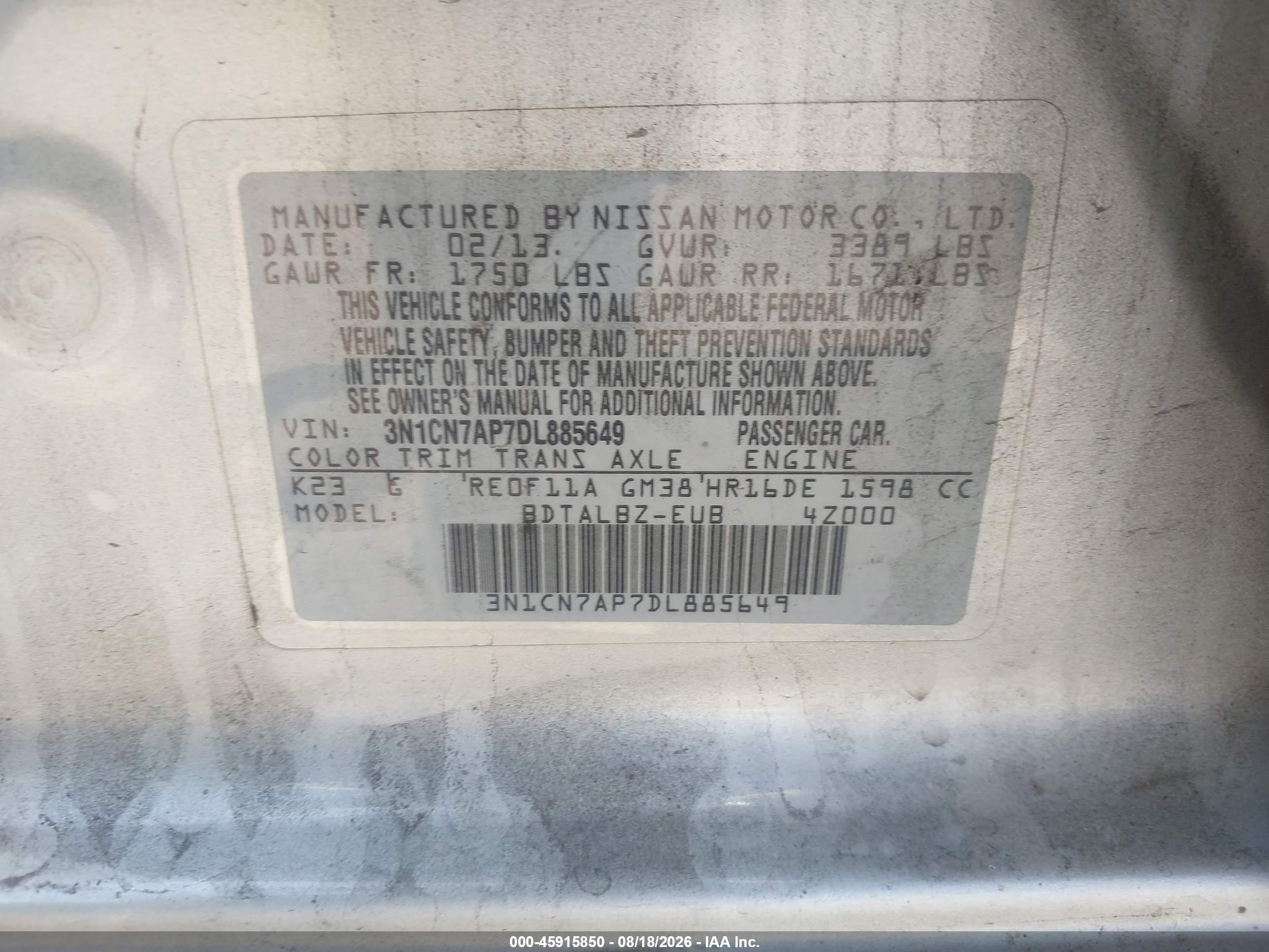 2013 Nissan Versa 1.6 Sv Silver vin: 3N1CN7AP7DL885649