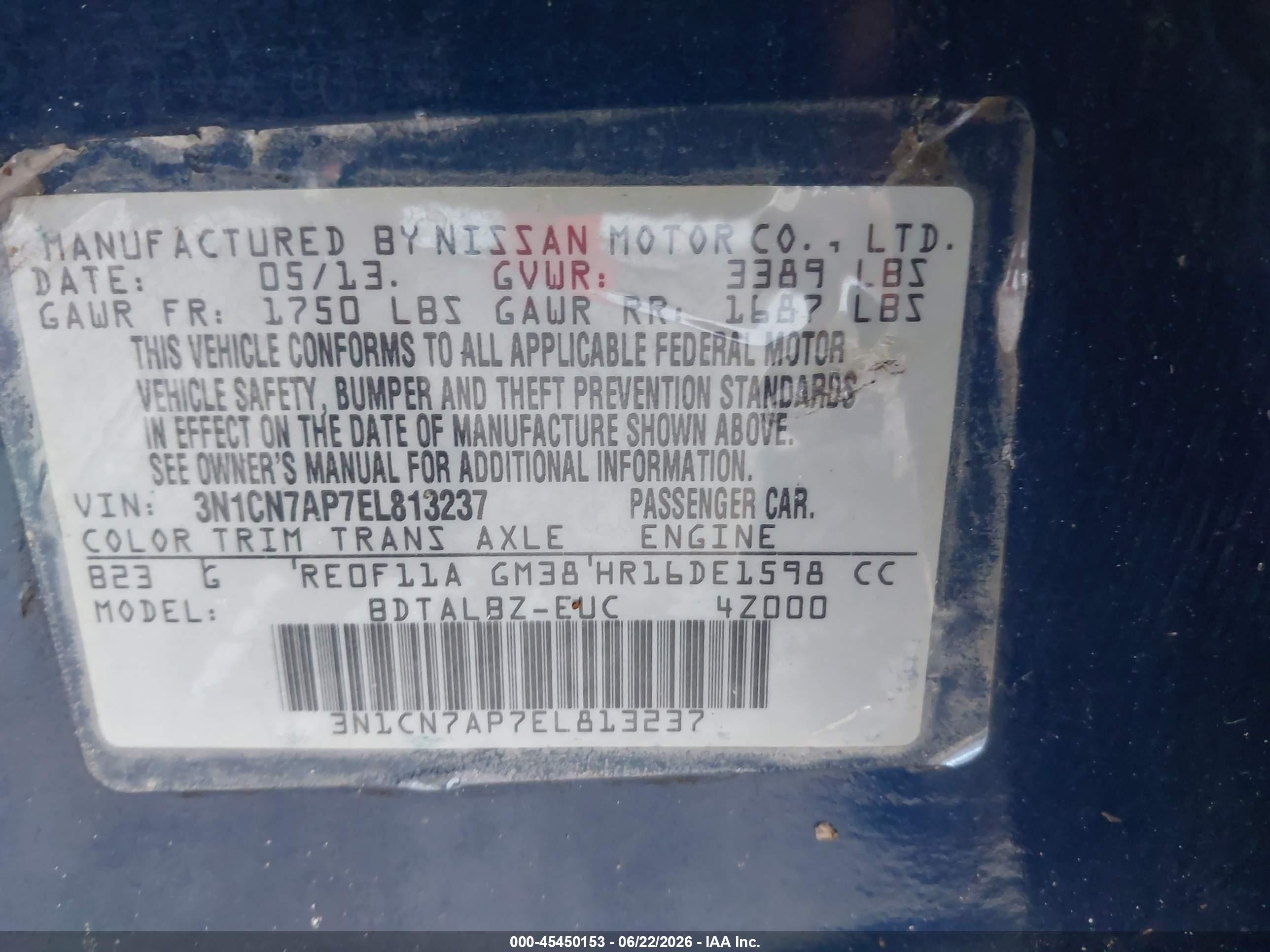 2014 Nissan Versa 1.6 Sv Blue vin: 3N1CN7AP7EL813237