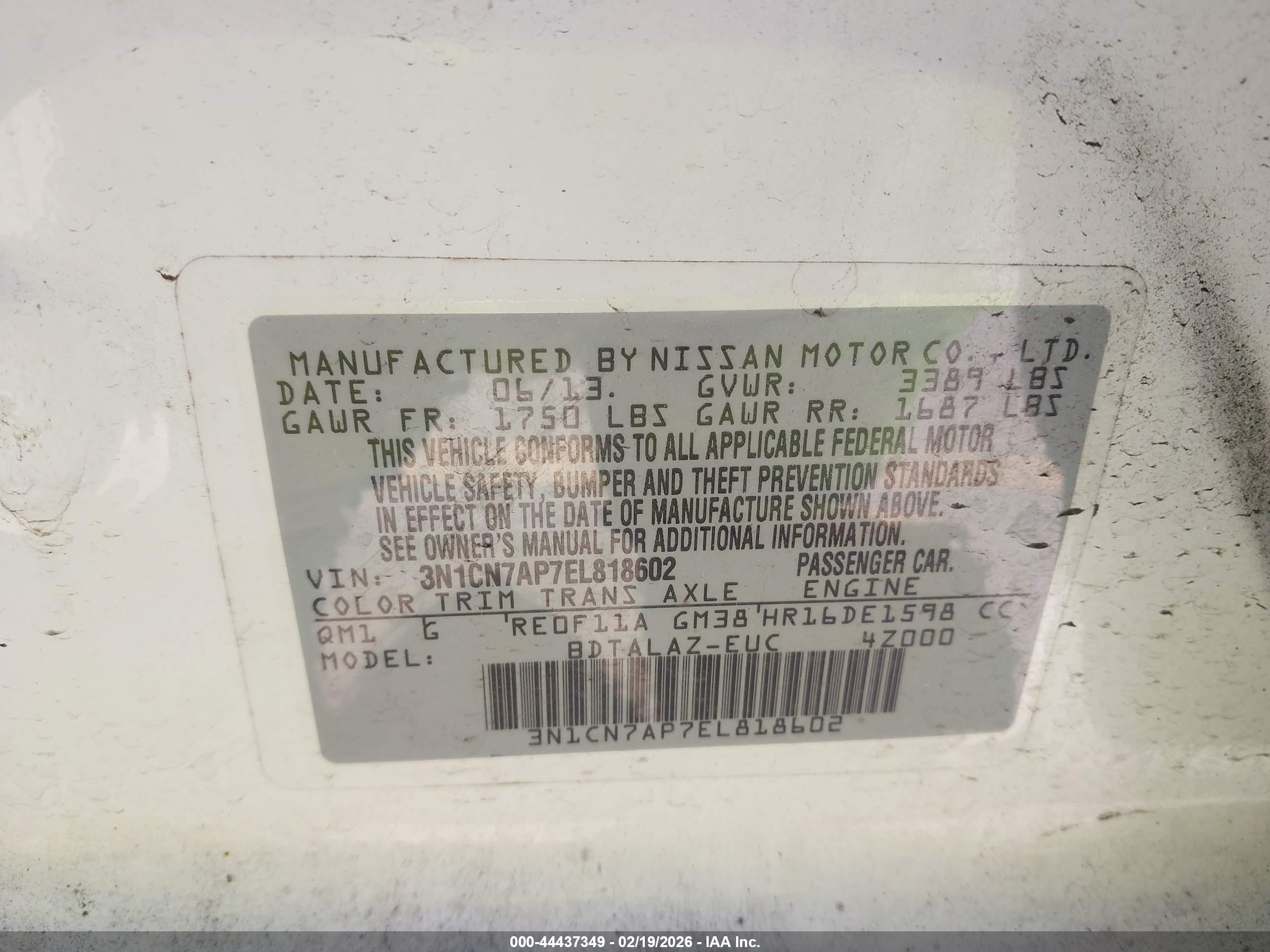 2014 Nissan Versa 1.6 S+ White vin: 3N1CN7AP7EL818602