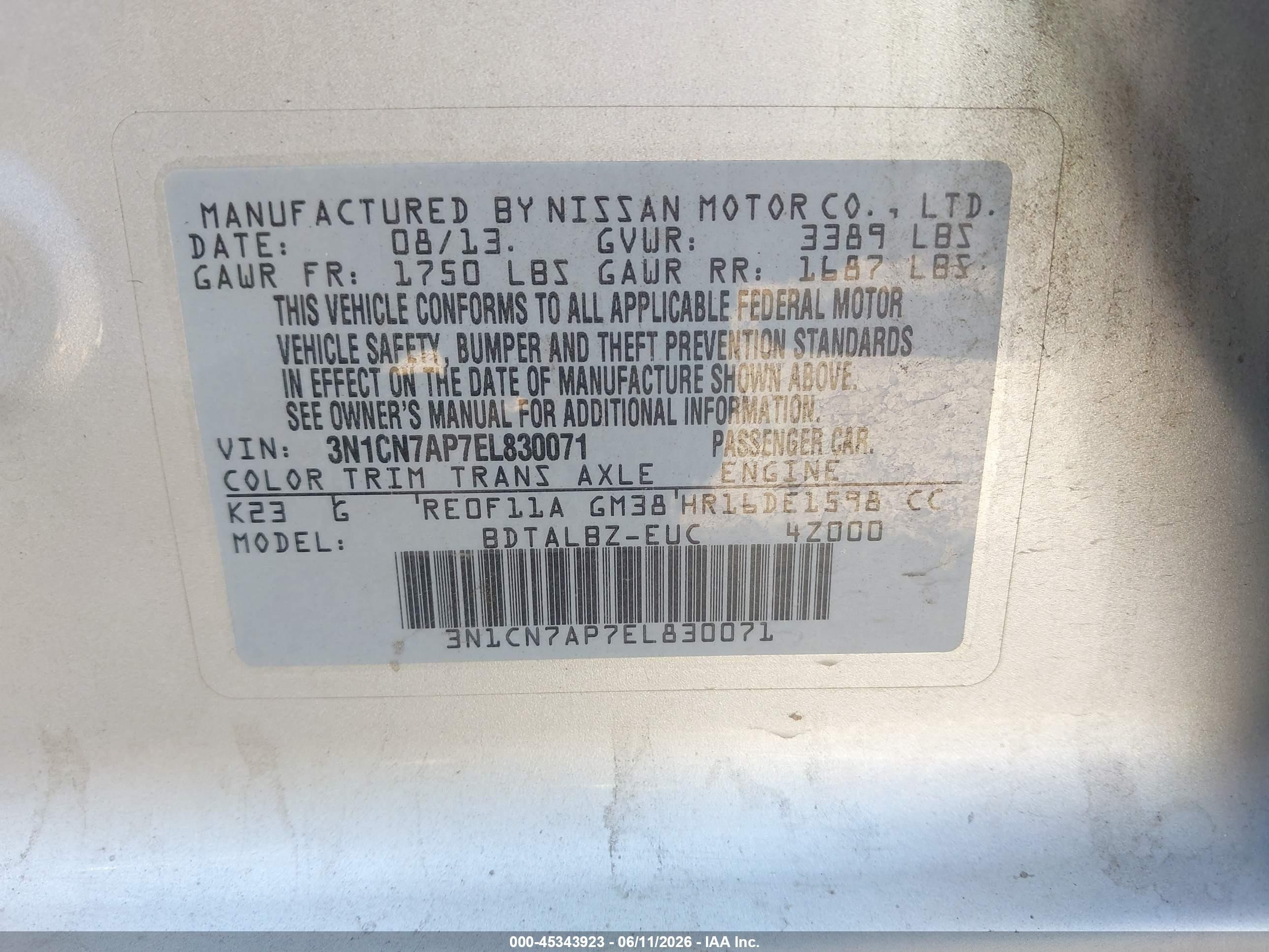 2014 Nissan Versa 1.6 Sv Silver vin: 3N1CN7AP7EL830071