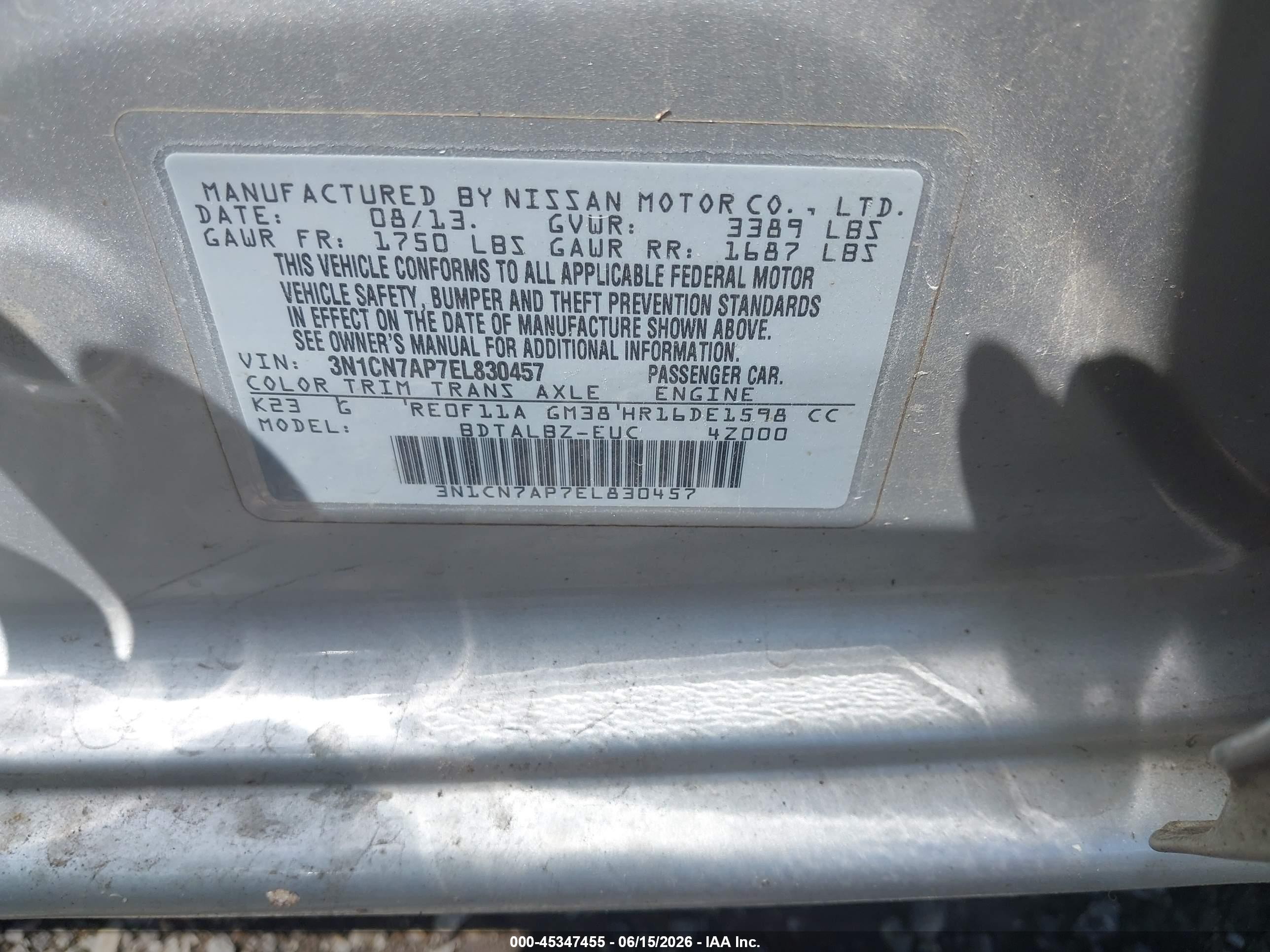 2014 Nissan Versa 1.6 Sv Silver vin: 3N1CN7AP7EL830457