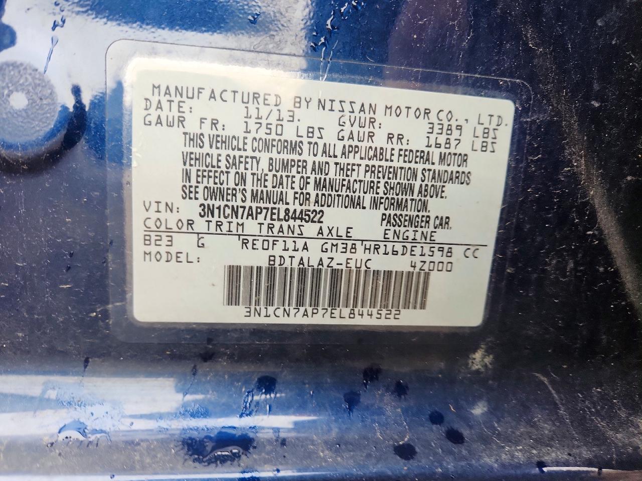 2014 Nissan Versa 1.6 S Plus Blue vin: 3N1CN7AP7EL844522