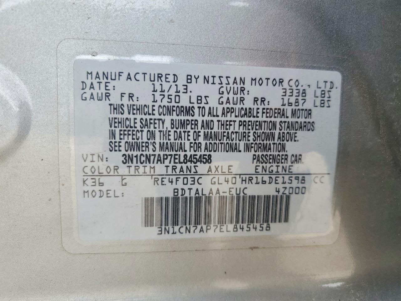 2014 Nissan Versa 1.6 S Silver vin: 3N1CN7AP7EL845458