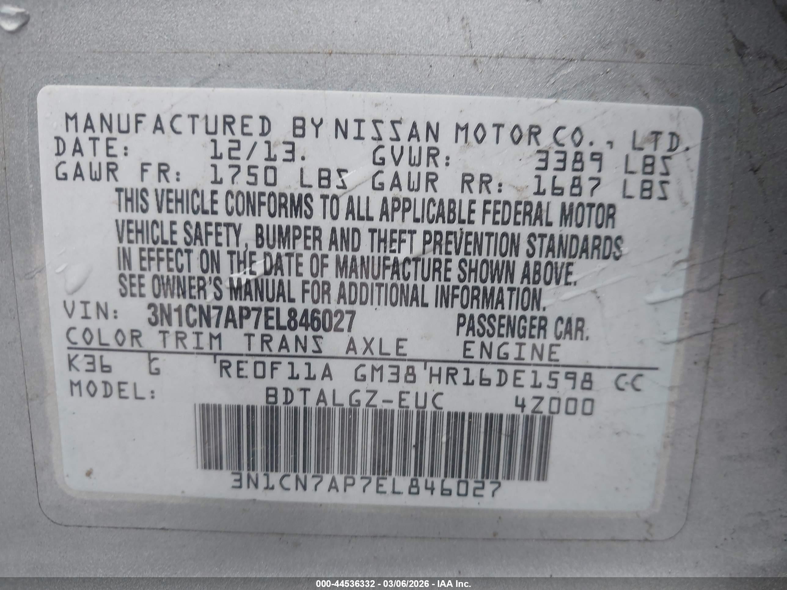 2014 Nissan Versa 1.6 Sl Silver vin: 3N1CN7AP7EL846027