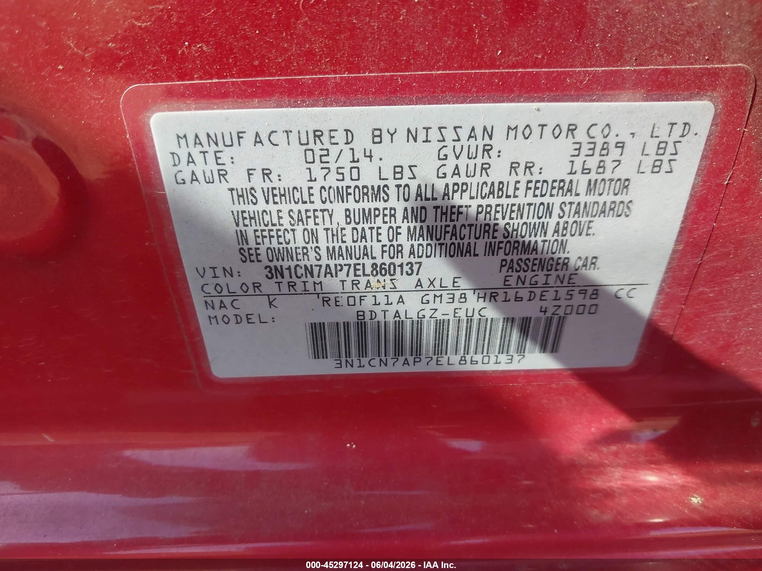 2014 Nissan Versa 1.6 Sl Красный vin: 3N1CN7AP7EL860137