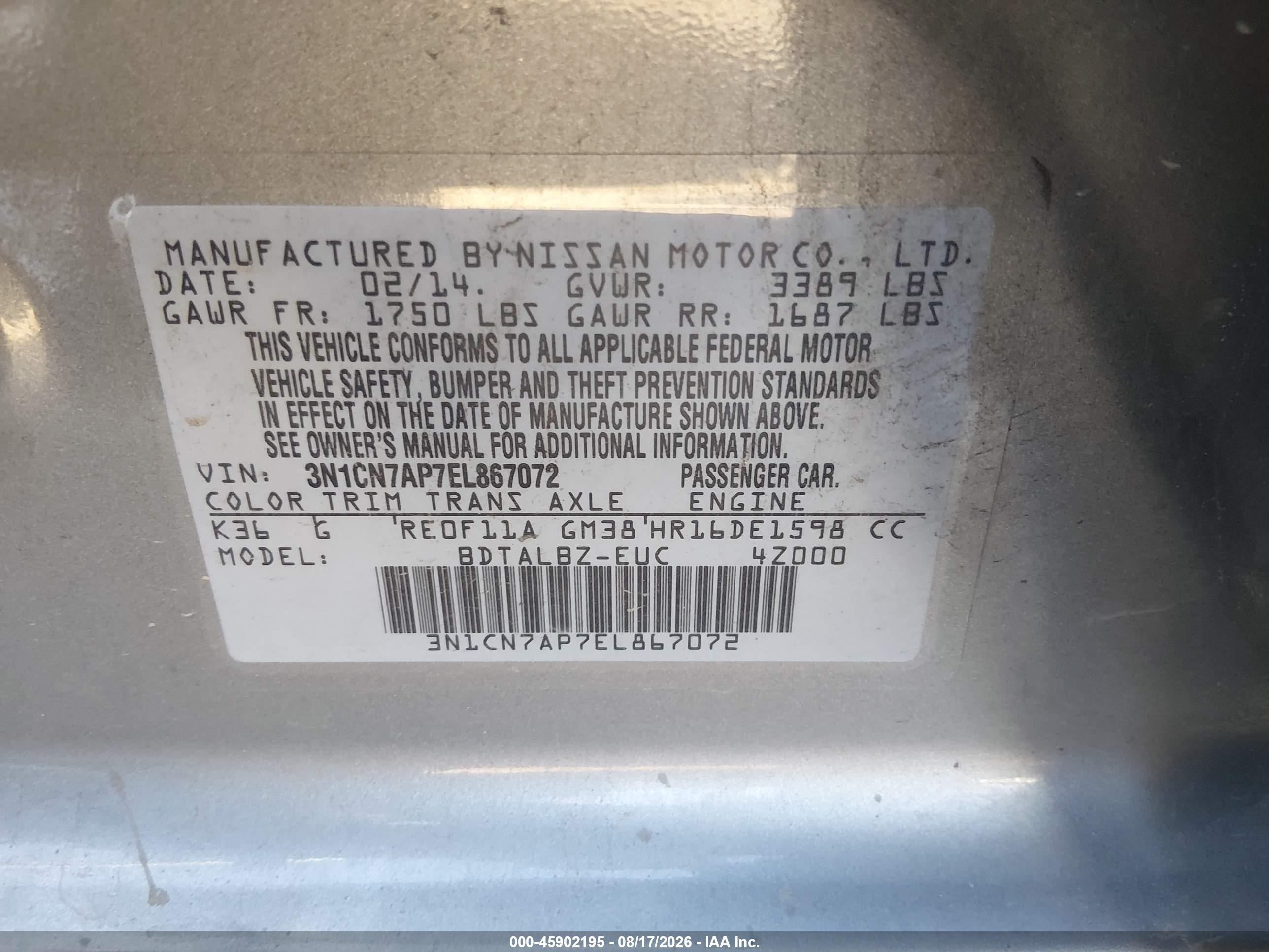 2014 Nissan Versa 1.6 Sv Gray vin: 3N1CN7AP7EL867072